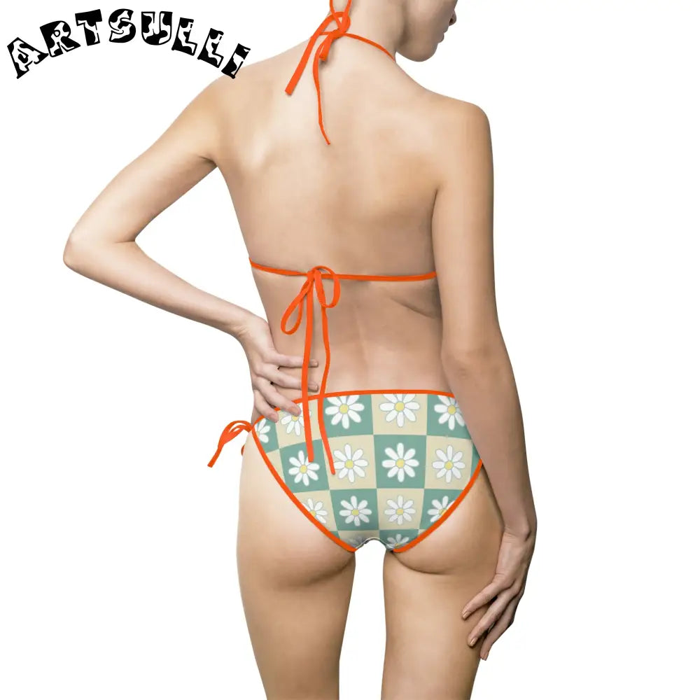 JAKKOUTTHEBXX Retro Daisy Checkerboard Green and Tan Women’s Bikini
