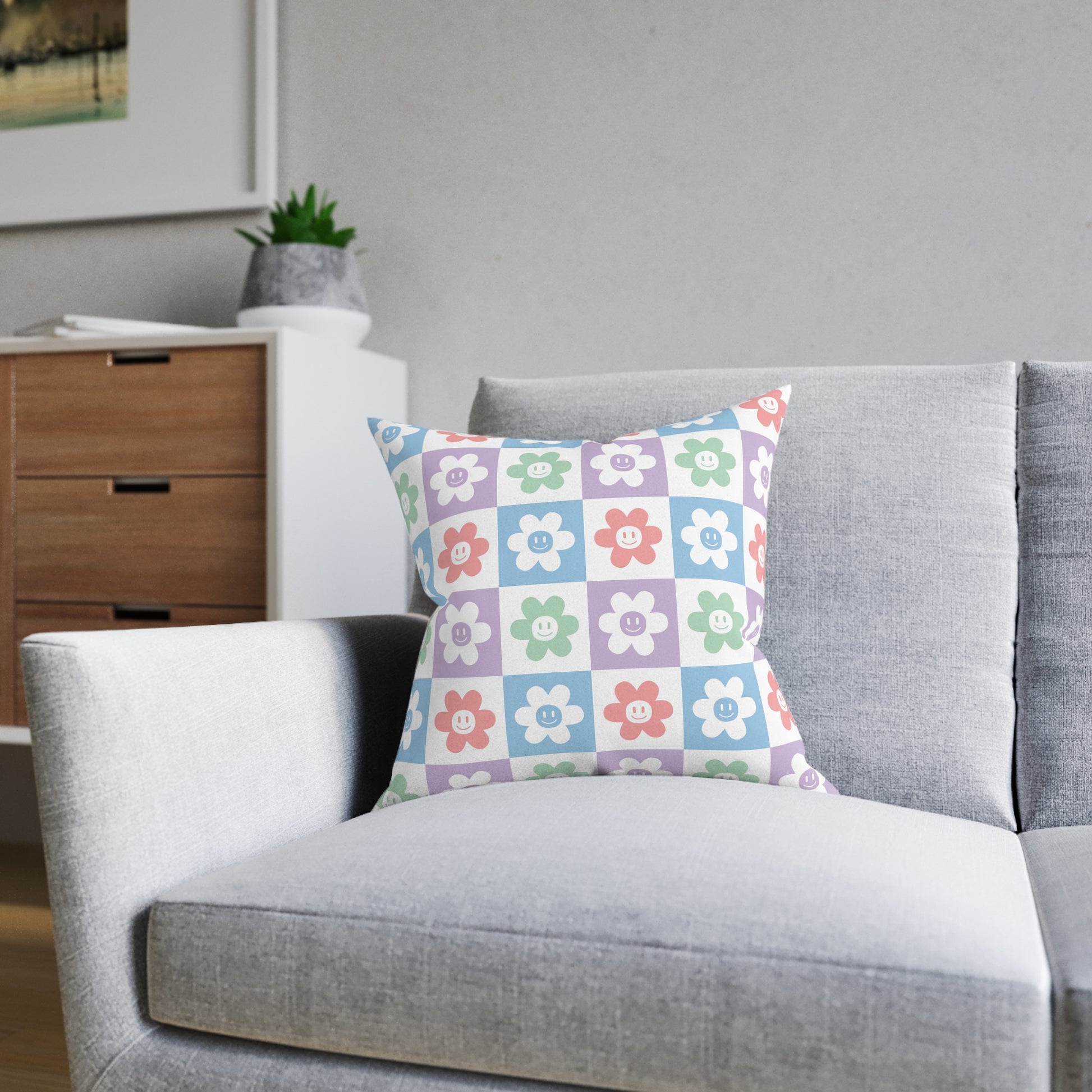 Chessboard x Smiley Face Flowers II Multi-Color  Square Pillow, Artsulli - Art is Long, Life is Short, Home Decor, , , , , , , 