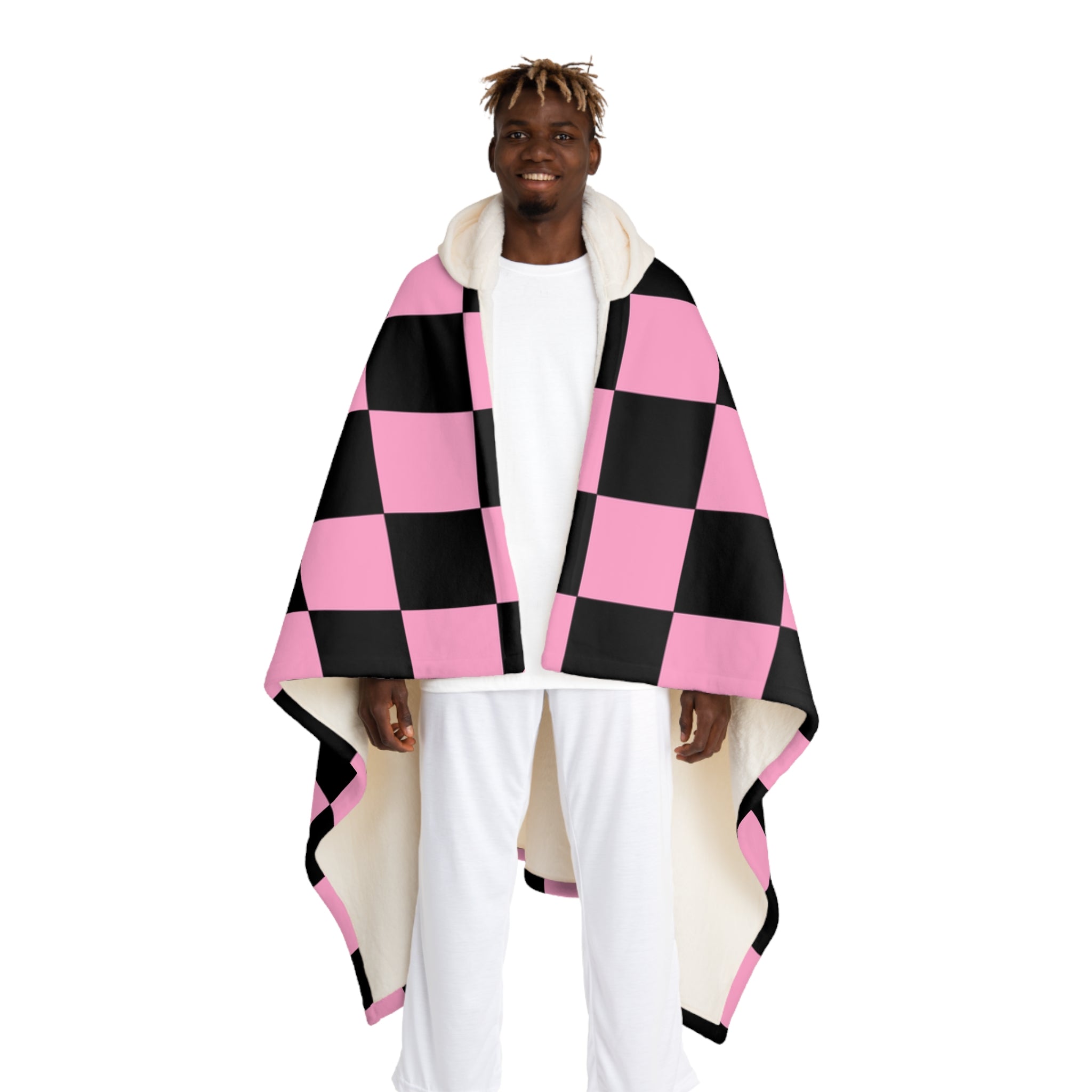 Checkerboard Black and Pink Hooded Sherpa Fleece Blanket, Artsulli - Art is Long, Life is Short, All Over Prints, Size, One size, Color, Cream, , , 21057696634171036664