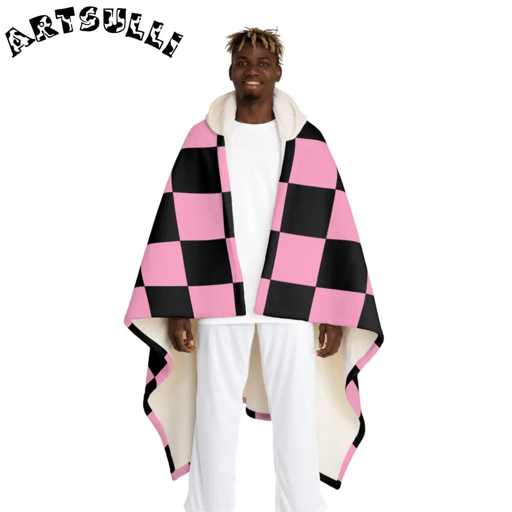 JAKKOUTTHEBXX Checkerboard Black and Pink Hooded Sherpa Fleece