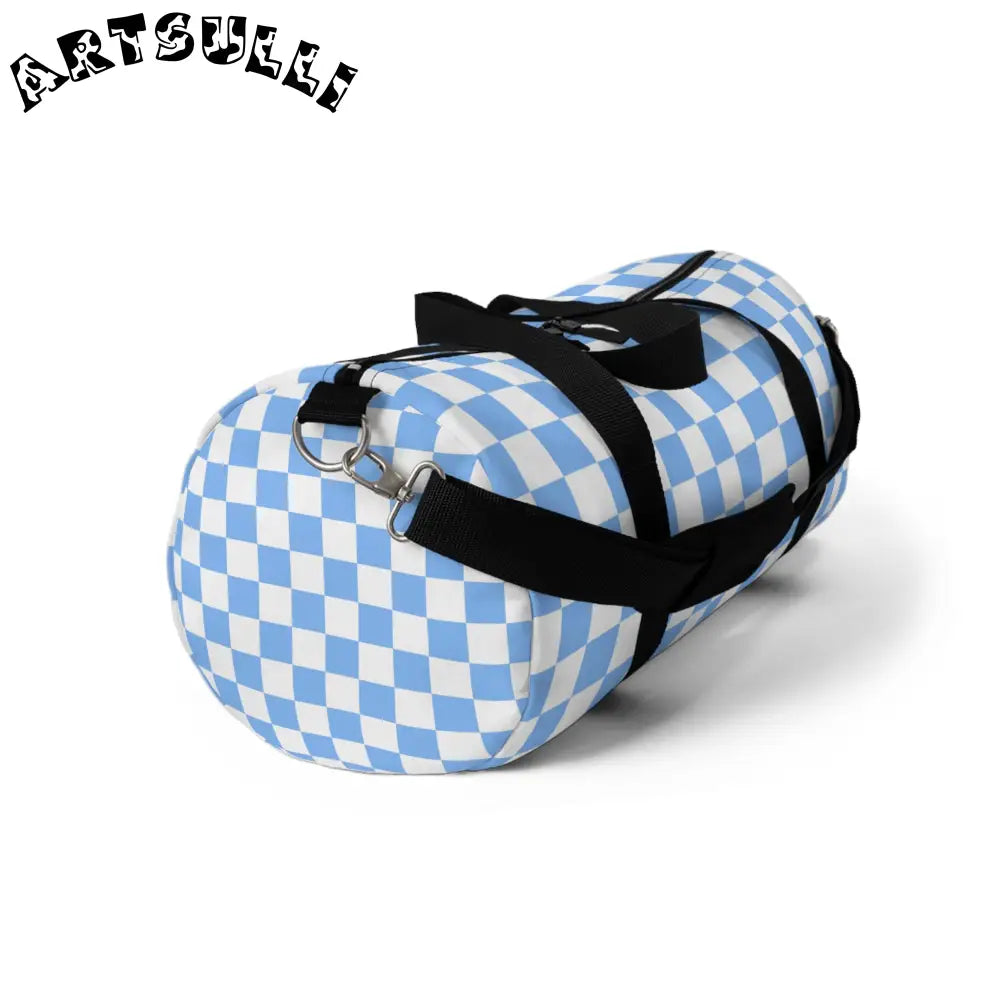 JAKKOUTTHEBXX Checkerboard II White and Light Blue Duffel Bag