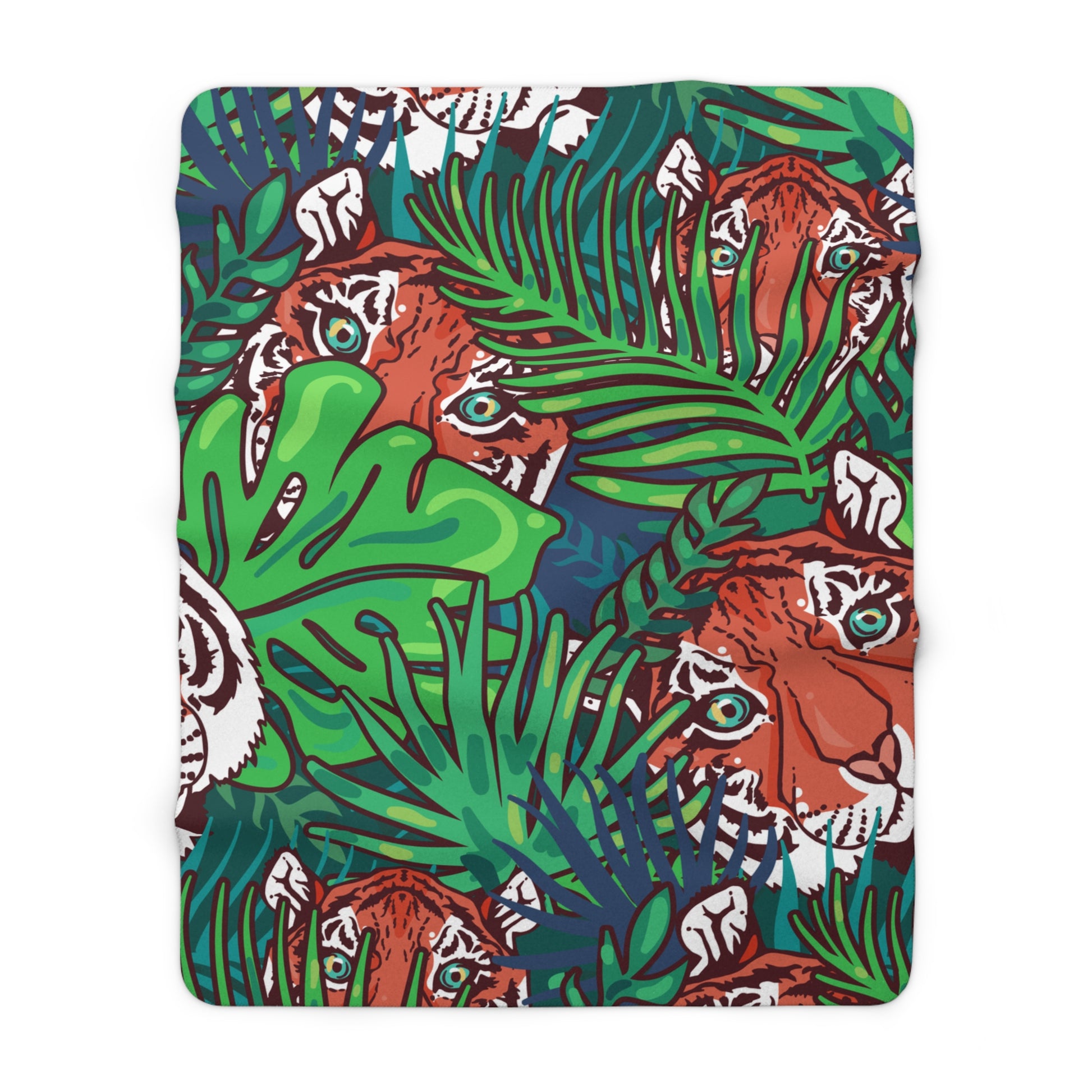 Tropical Jungle Tigers Blue and Green Sherpa Fleece Blanket, Artsulli - Art is Long, Life is Short, Home Decor, Size, 60" × 80", , , , , 14327109712108
