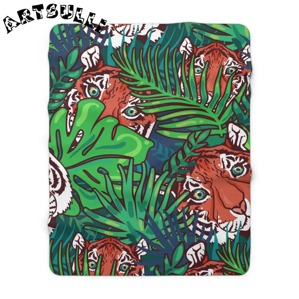 JAKKOUTTHEBXX Tropical Jungle Tigers Blue and Green Sherpa Fleece