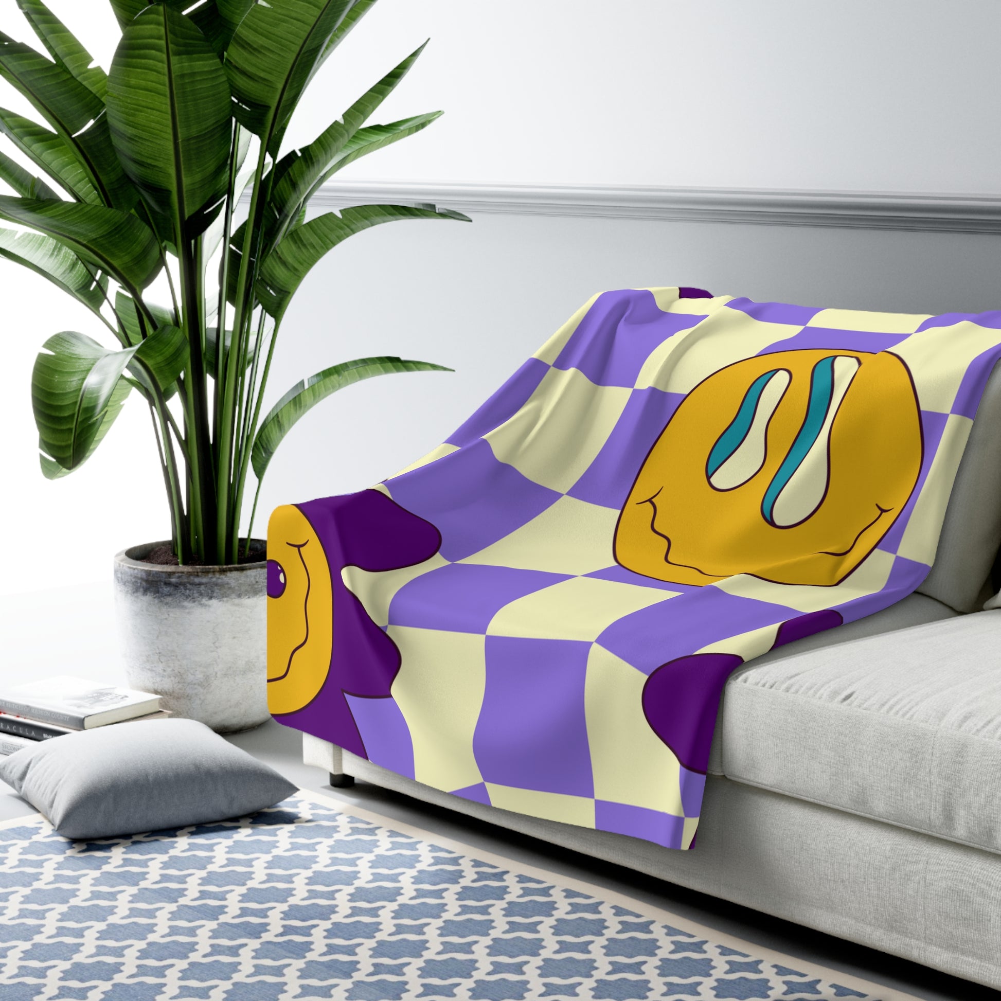 Trippy Flower Power Motifs Purple Sherpa Fleece Blanket, Artsulli - Art is Long, Life is Short, Home Decor, , , , , , , 