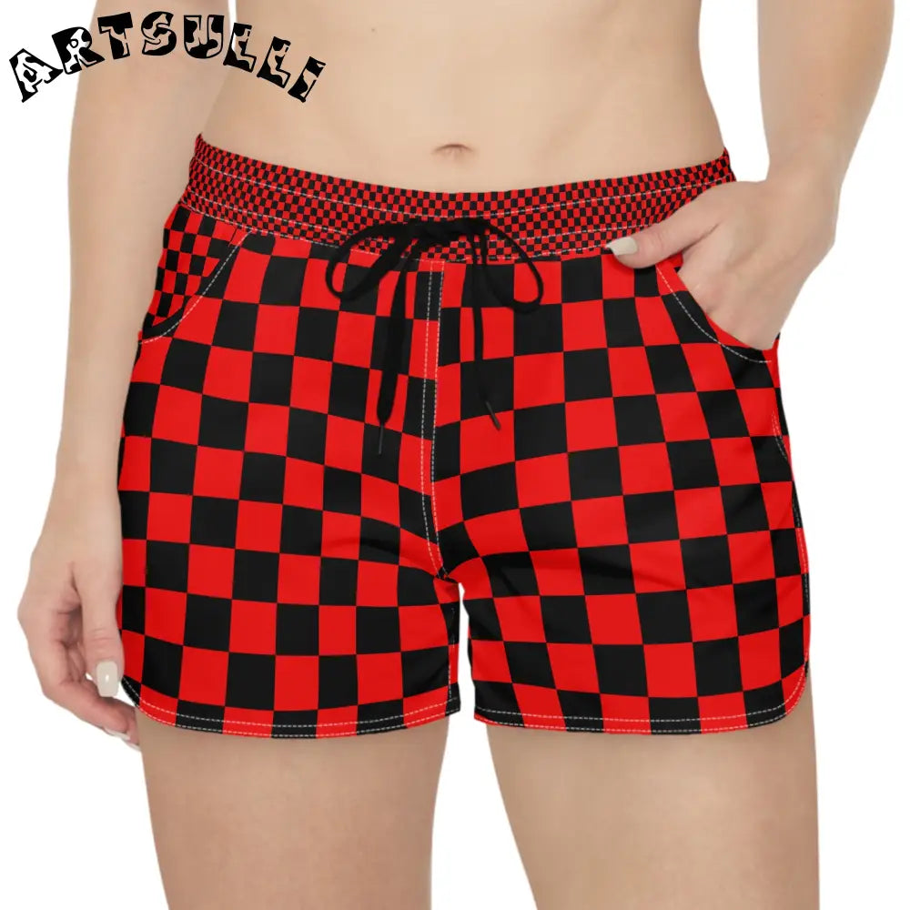 JAKKOUTTHEBXX Checkerboard Red and Black Women’s Casual Shorts (AOP)