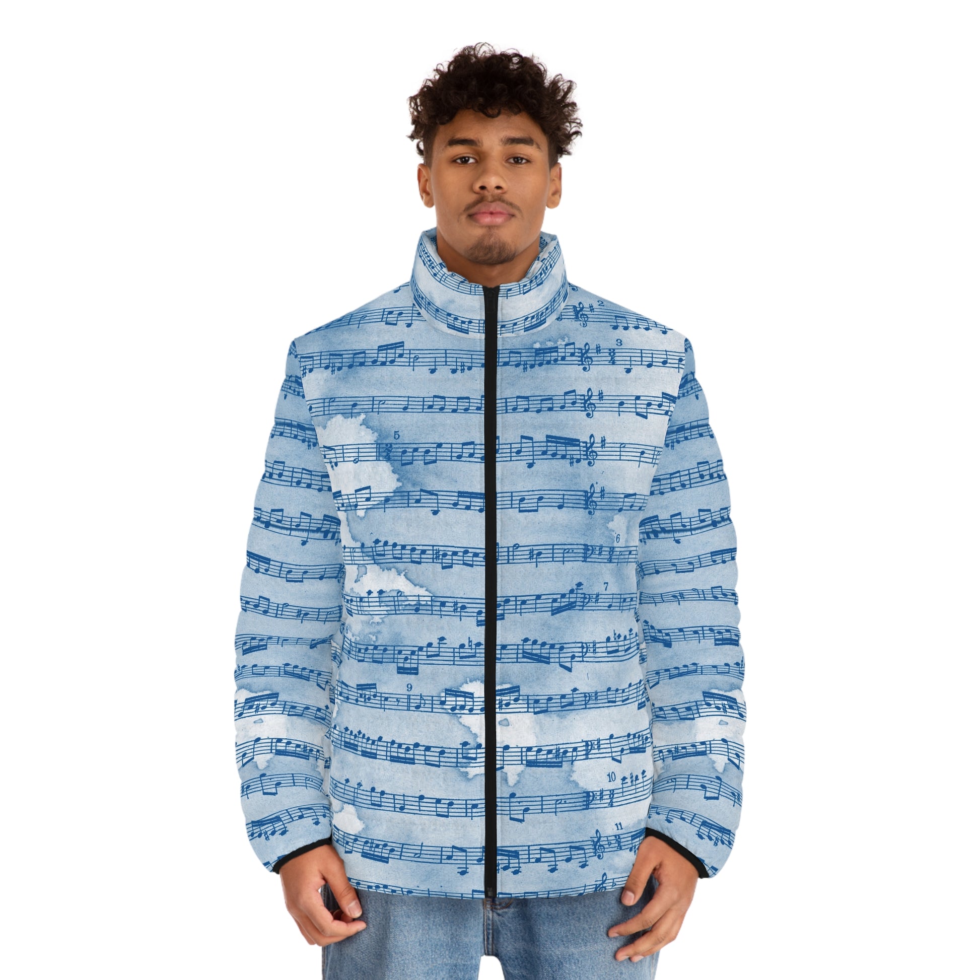 Drip Spill Type Beat Sheet Music Blue Men's Puffer Jacket (AOP), Artsulli - Art is Long, Life is Short, All Over Prints, , , , , , , 