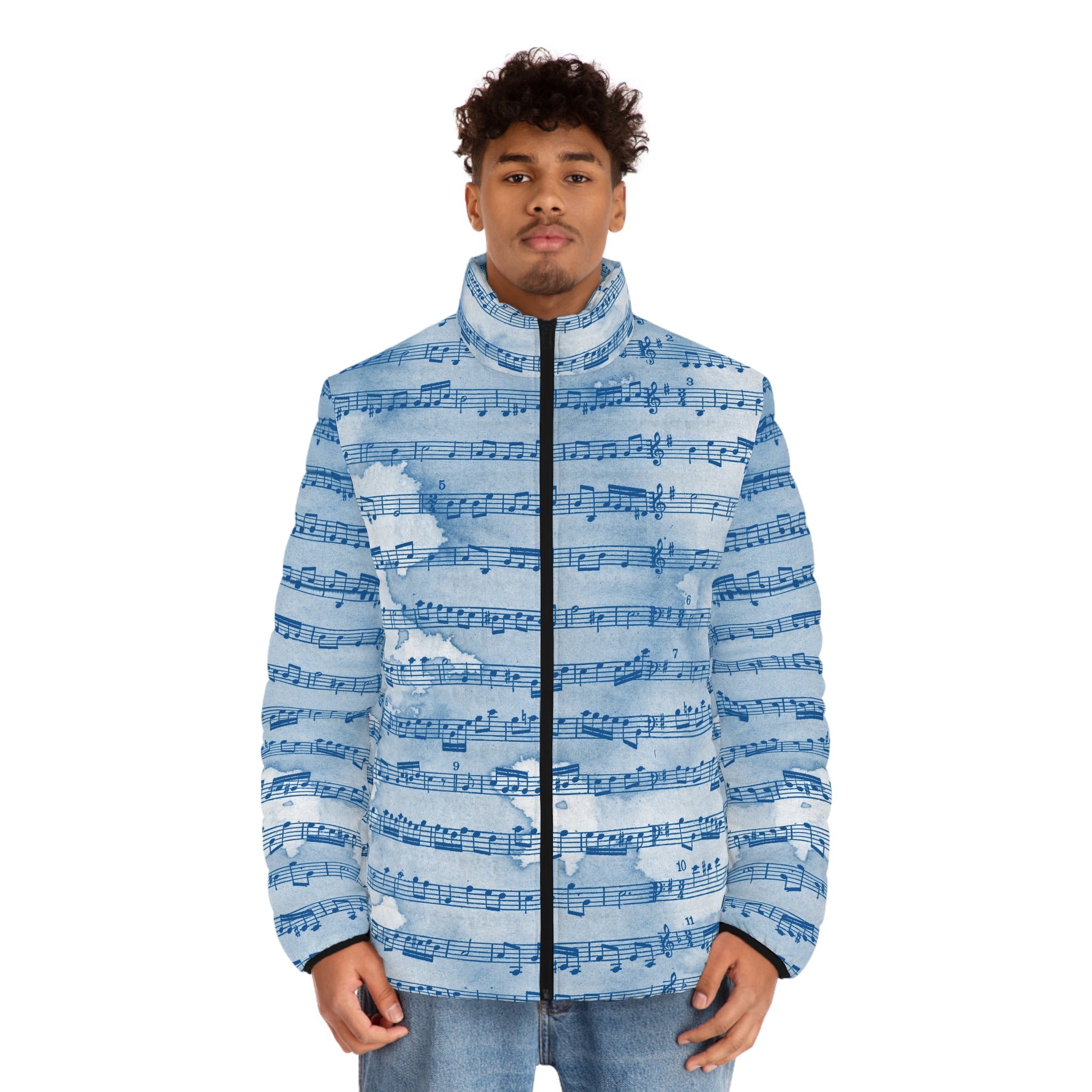 Drip Spill Type Beat Sheet Music Blue Men's Puffer Jacket (AOP), Artsulli - Art is Long, Life is Short, All Over Prints, , , , , , , 