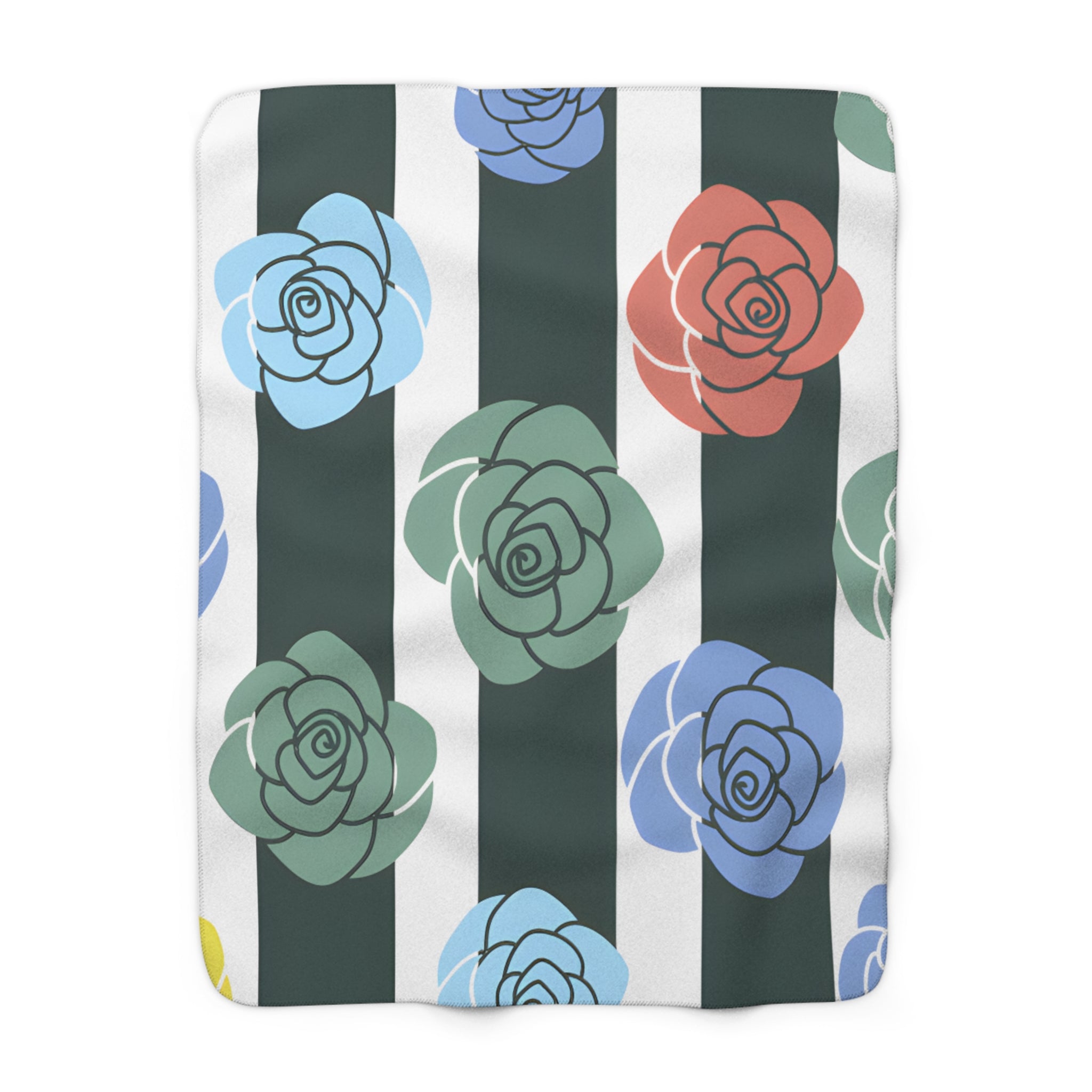 Stripes x Roses Black and White Sherpa Fleece Blanket, Artsulli - Art is Long, Life is Short, Home Decor, Size, 50" × 60", , , , , 11746785486998