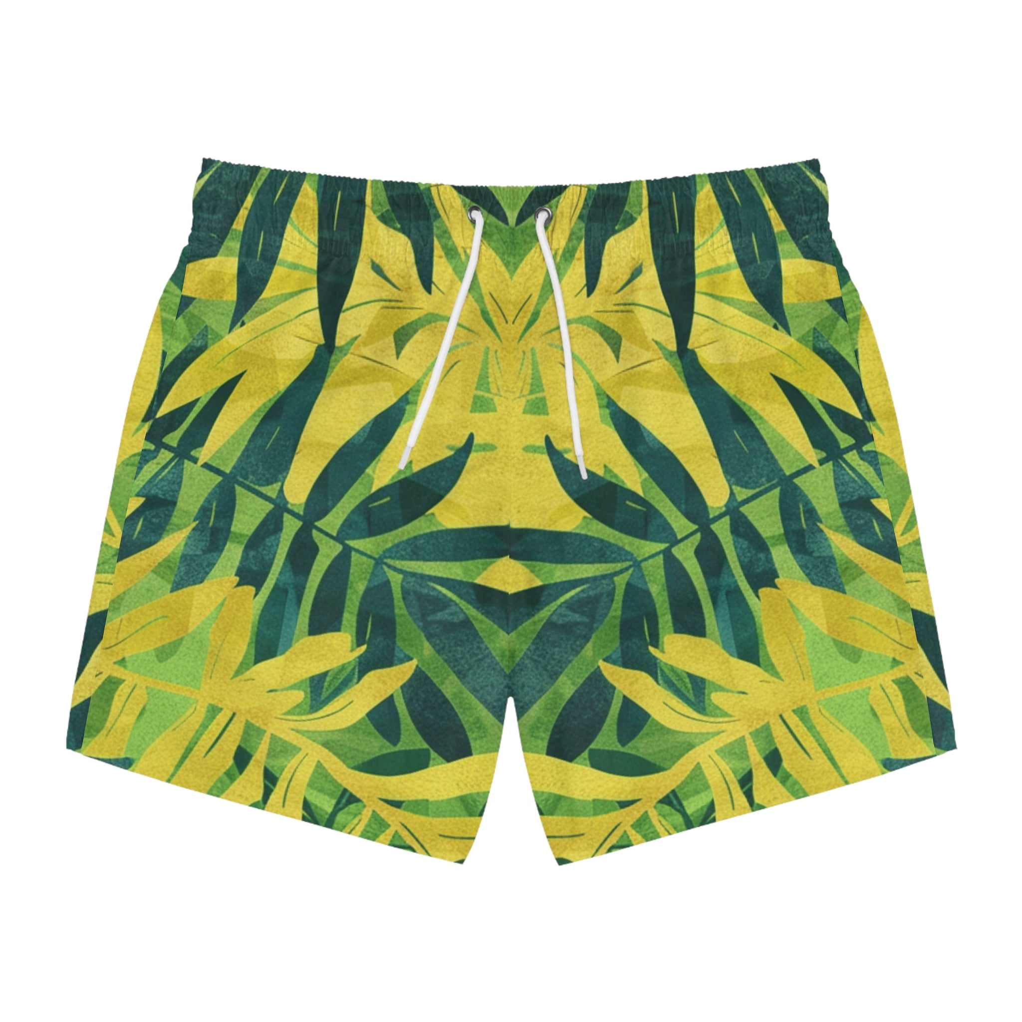 Green Leaf x Yellow Leaf x Tropical x Jungle Swim Trunks (AOP), Artsulli - Art is Long, Life is Short, All Over Prints, Size, XS, Color, Seam thread color automatically matched to design, , , 18545139479717732686