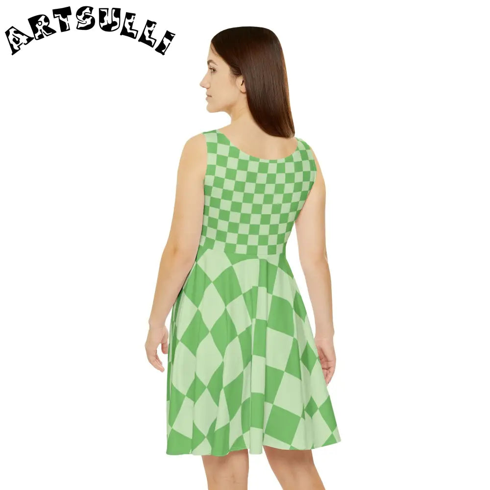 JAKKOUTTHEBXX Checkerboard Green Women’s Skater Dress (AOP)