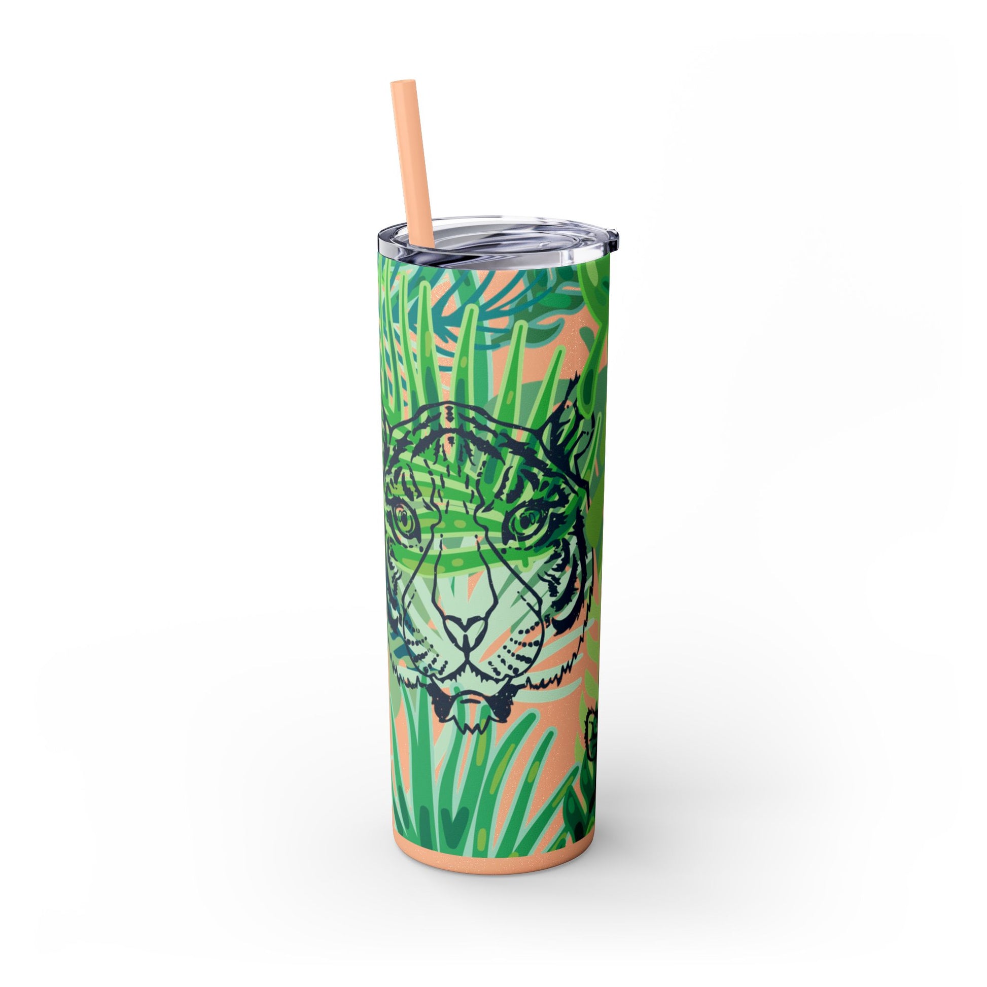 Tropical Jungle Tigers Green Skinny Tumbler with Straw, 20oz, Artsulli - Art is Long, Life is Short, Mug, , , , , , , 