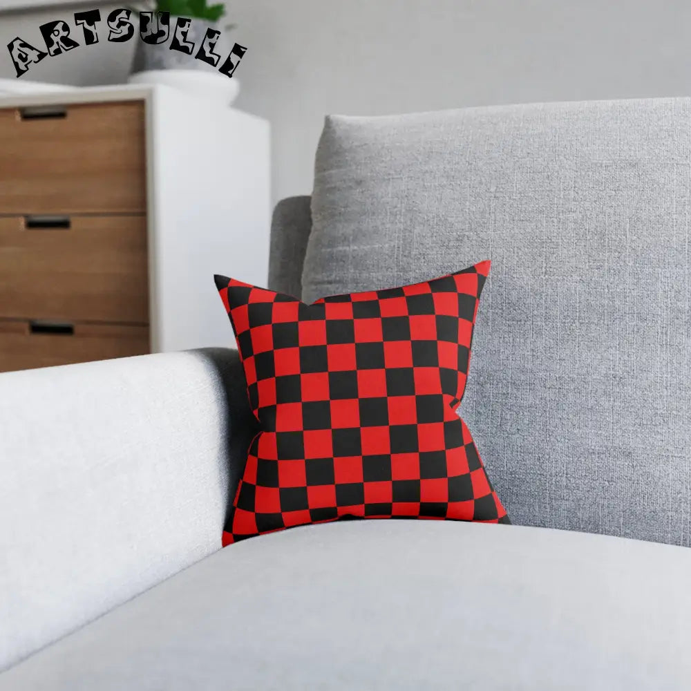 JAKKOUTTHEBXX Checkerboard Red and Black Square Pillow JAKKOUTTHEBXX