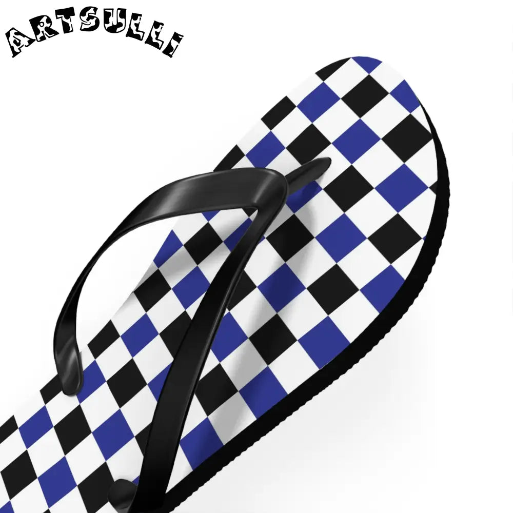 JAKKOUTTHEBXX Checkerboard Blue White and Black Flip Flops