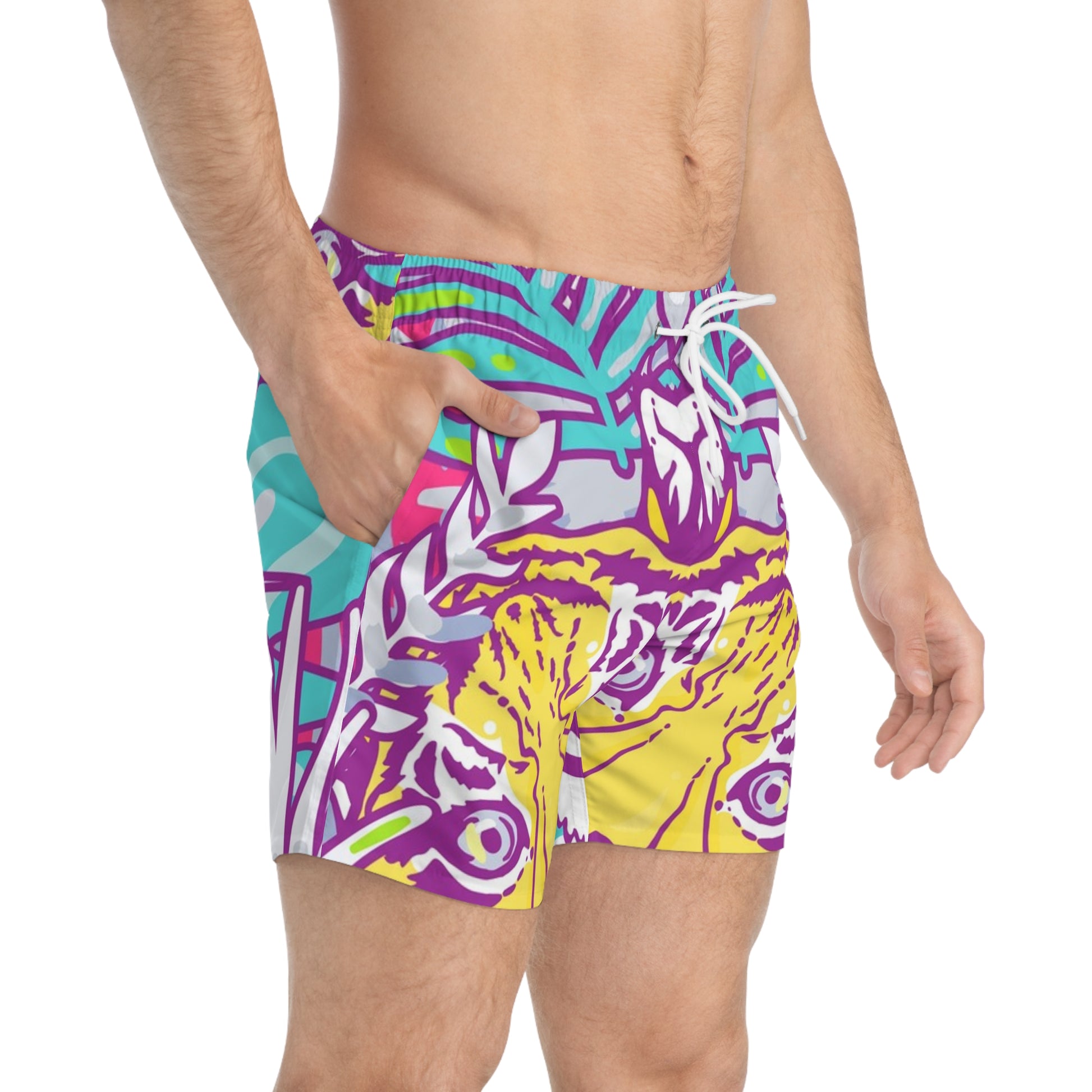 Tropical Jungle Tigers Torquise and Purple Swim Trunks (AOP), Artsulli - Art is Long, Life is Short, All Over Prints, , , , , , , 