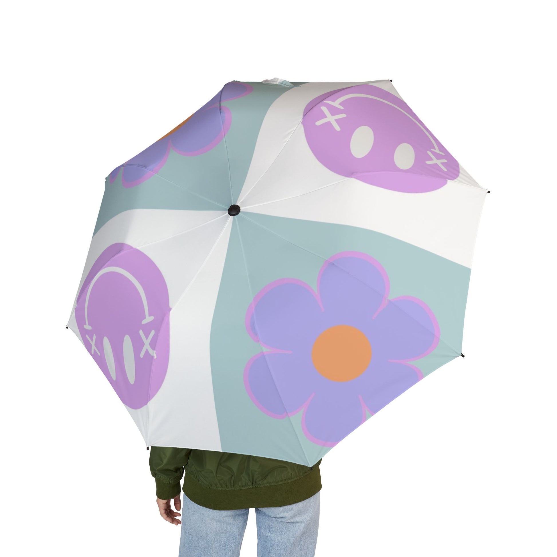Flower x Smiley Face x Checkerboard Purple Semi-Automatic Foldable Umbrella, Artsulli - Art is Long, Life is Short, Accessories, , , , , , , 