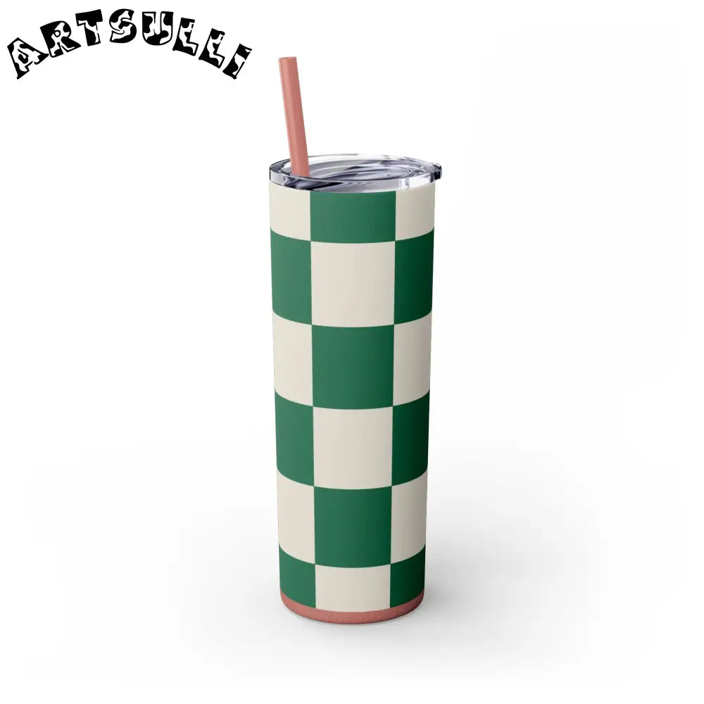 JAKKOUTTHEBXX Checkerboard Dark Green Skinny Tumbler with Straw 20oz