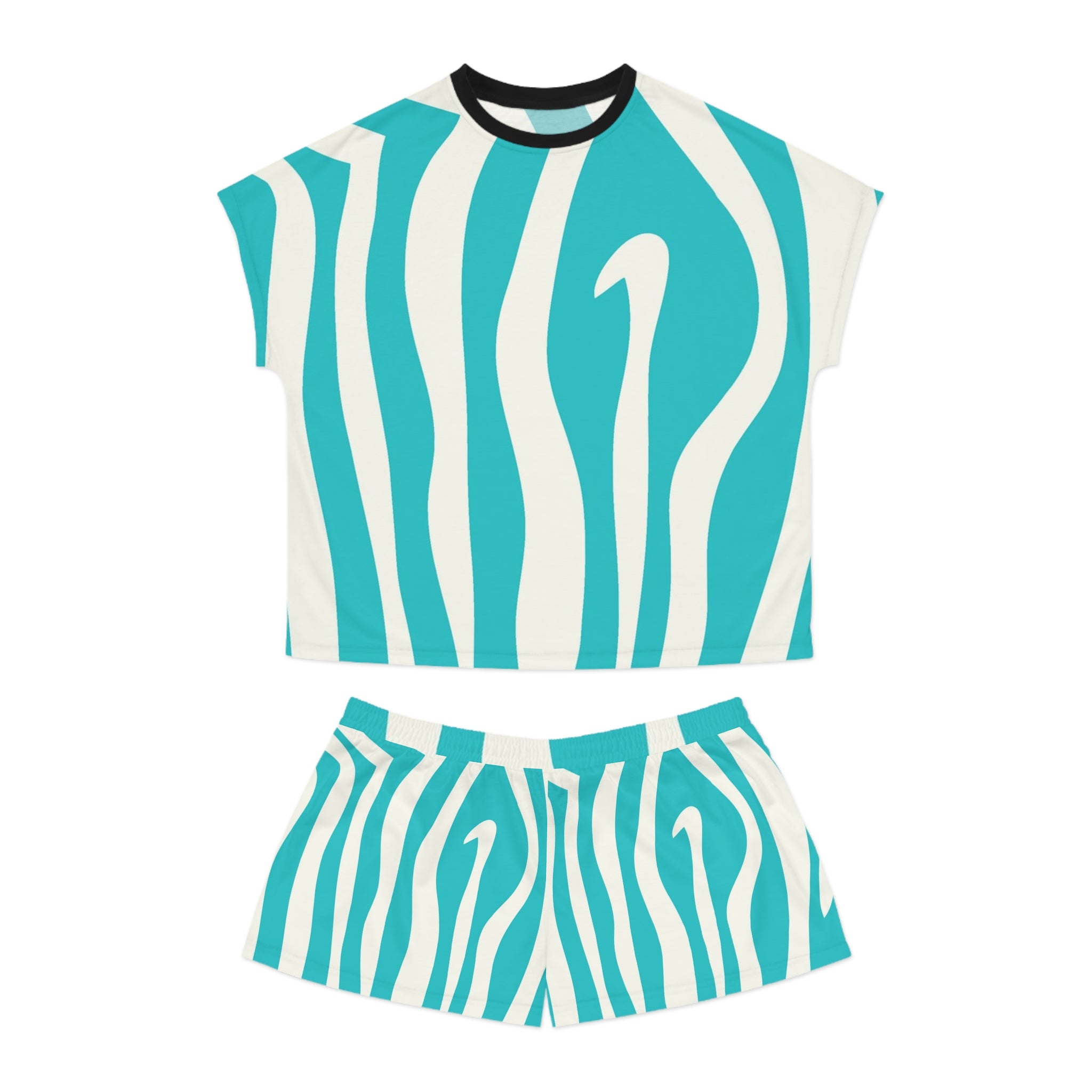 Melting Zebra Stripes Turquoise and White Women's Short Pajama Set (AOP), Artsulli - Art is Long, Life is Short, All Over Prints, Size, S, Color, Black, , , 73431840512230