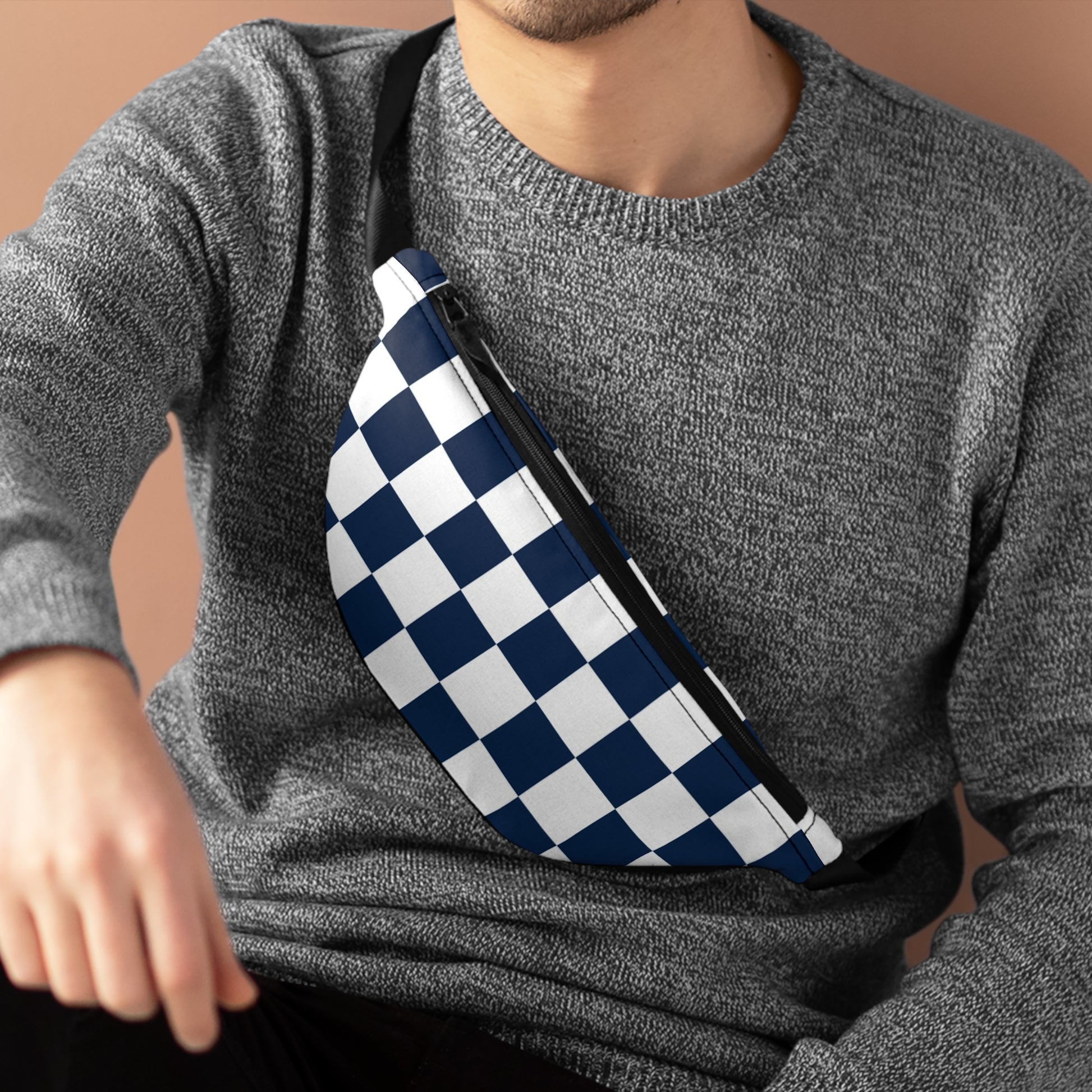 Checkerboard White and Navy Blue Fanny Pack, Artsulli - Art is Long, Life is Short, Bags, , , , , , , 