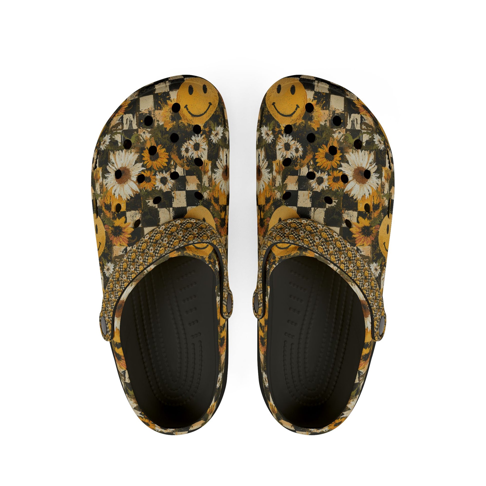 Smiley Face x Checkerboard x Sunflowers x Trippy x Vintage Black and Yellow EVA Foam Rubber Shoes (AOP), Artsulli - Art is Long, Life is Short, Shoes, Size, US 6 (Women's), Color, Black, , , 31435439561863017912