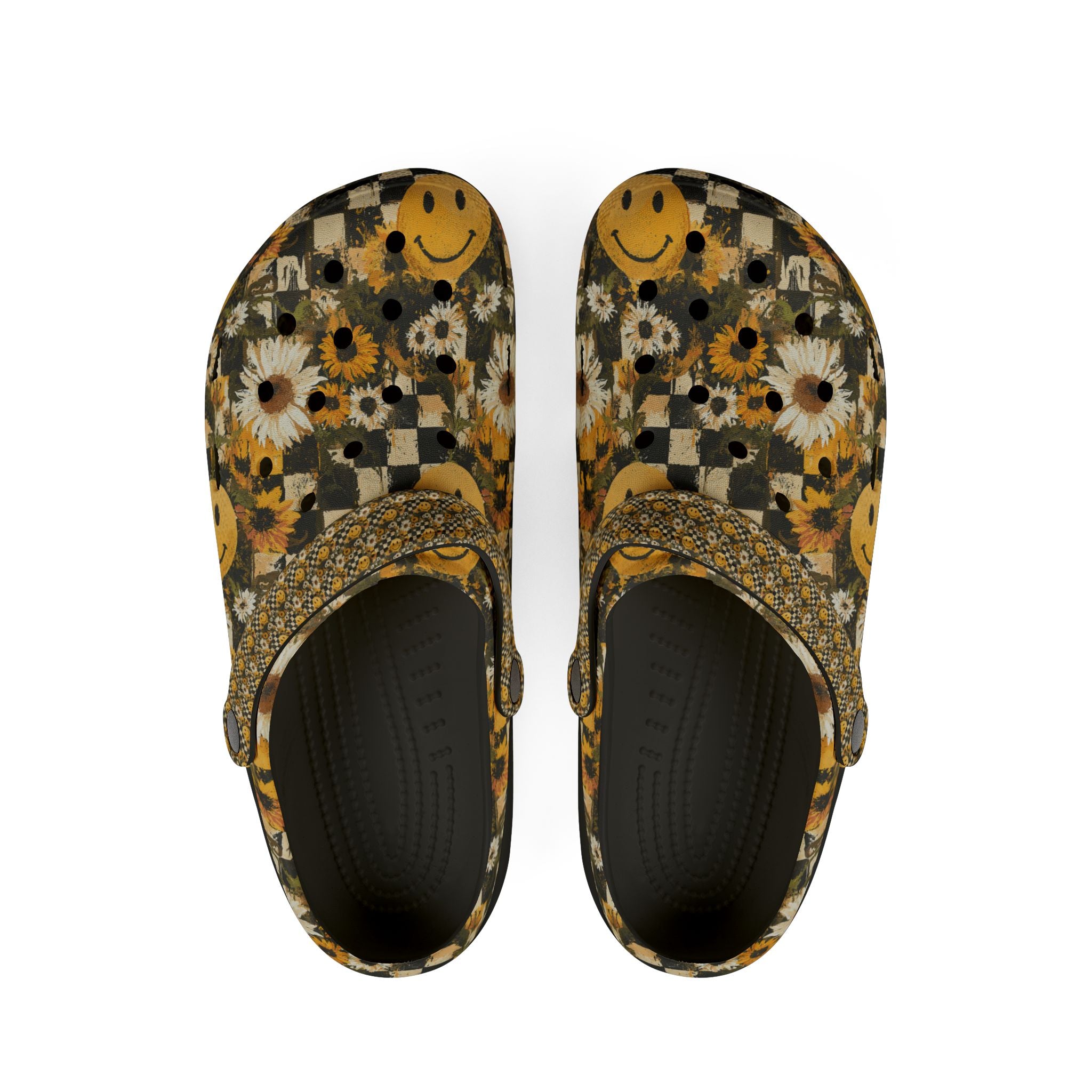 Smiley Face x Checkerboard x Sunflowers x Trippy x Vintage Black and Yellow EVA Foam Rubber Shoes (AOP), Artsulli - Art is Long, Life is Short, Shoes, Size, US 6 (Women's), Color, Black, , , 31435439561863017912