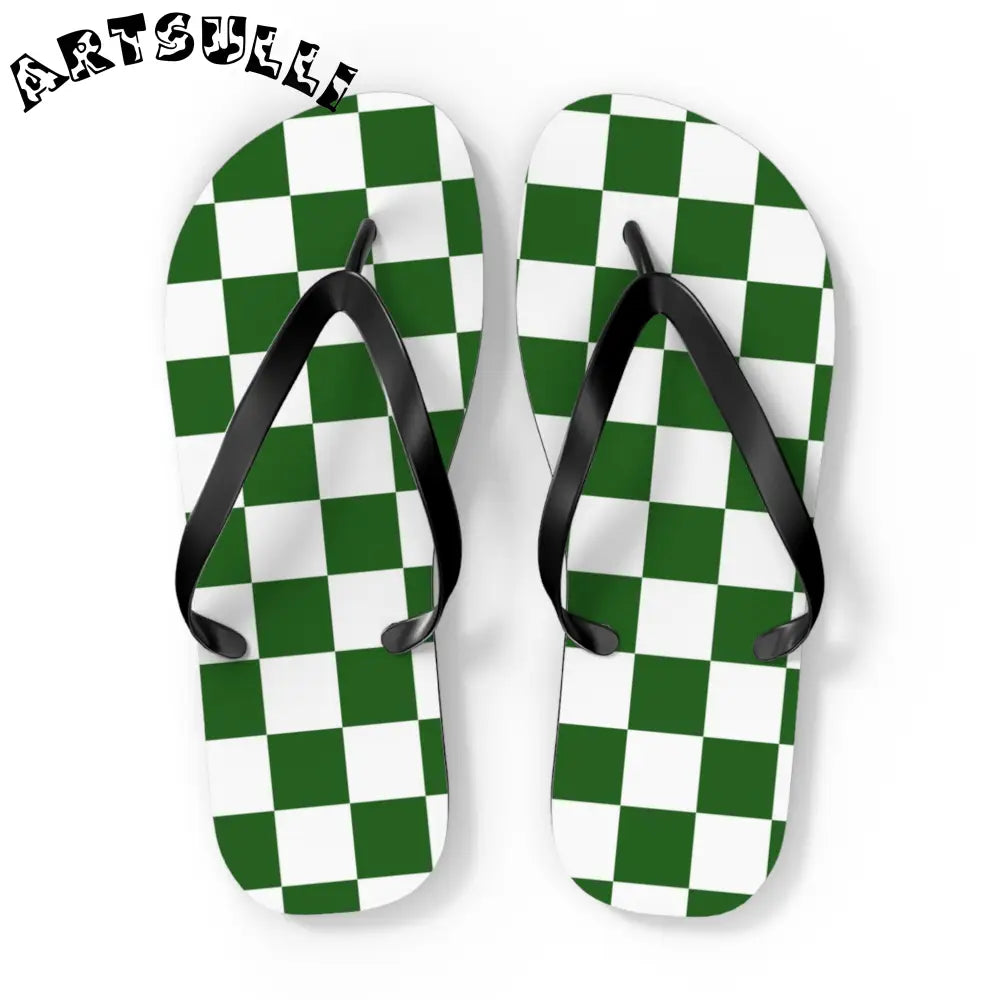 JAKKOUTTHEBXX Checkerboard White and Dark Green Flip Flops
