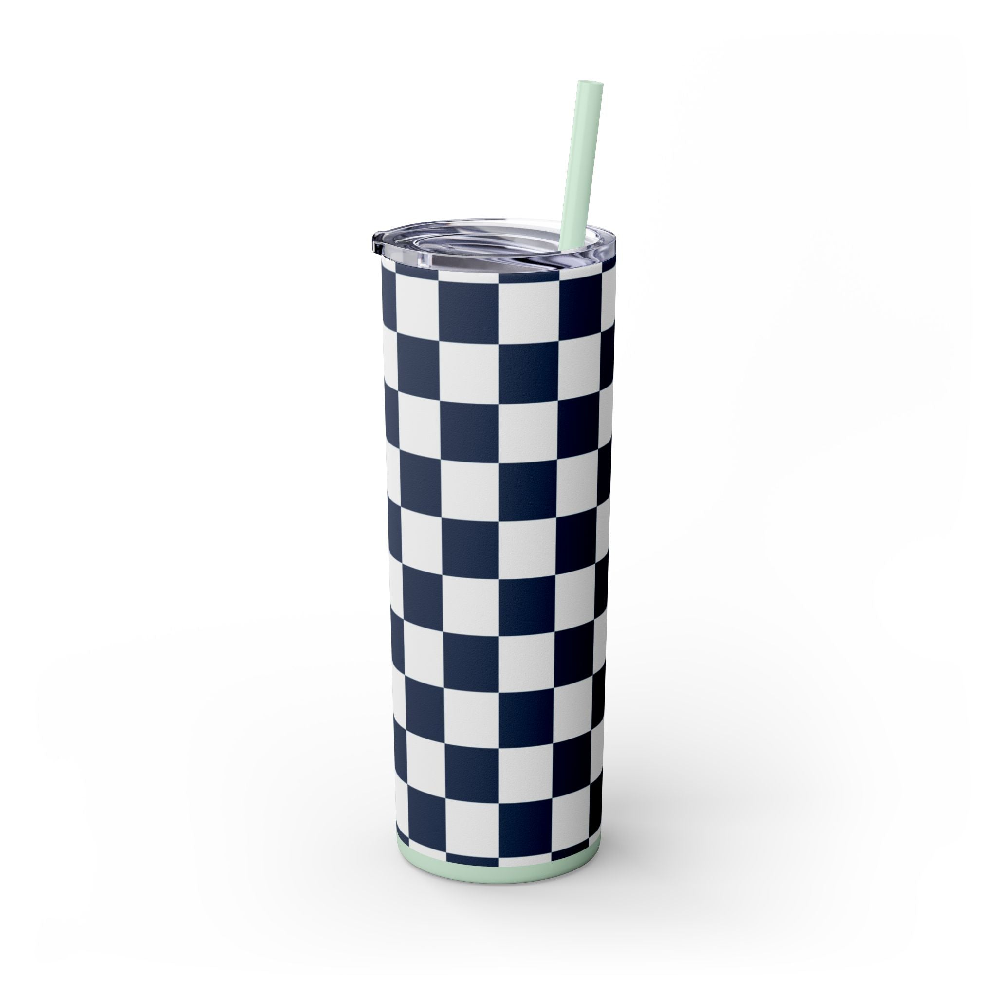 Checkerboard White and Navy Blue Skinny Tumbler with Straw, 20oz, Artsulli - Art is Long, Life is Short, Mug, , , , , , , 