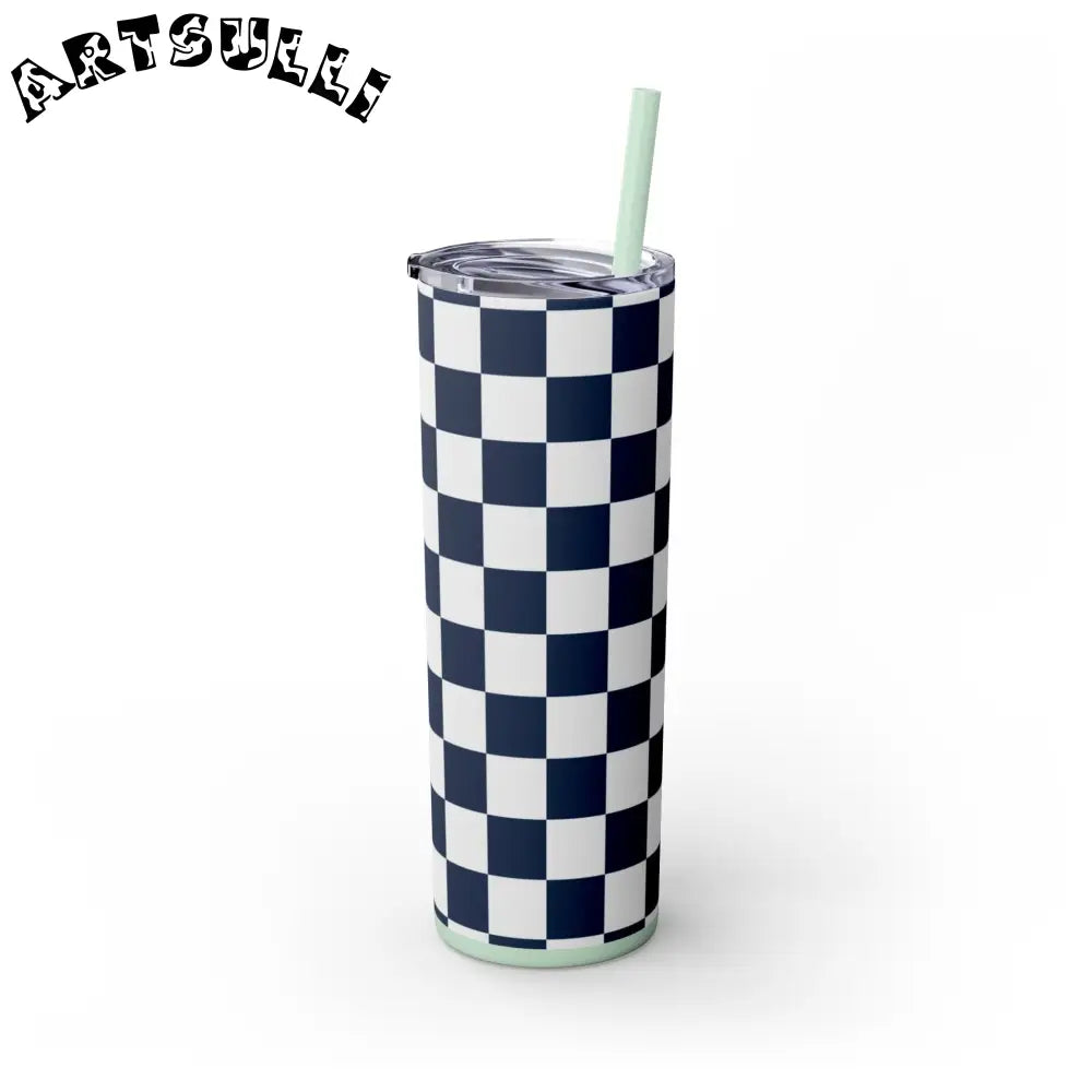 JAKKOUTTHEBXX Checkerboard White and Navy Blue Skinny Tumbler