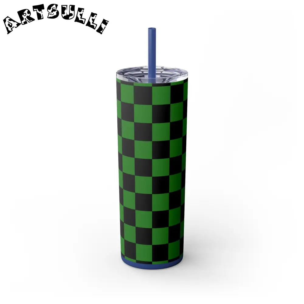 JAKKOUTTHEBXX Checkerboard Green and Black Skinny Tumbler with Straw