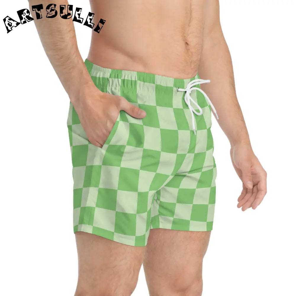 JAKKOUTTHEBXX Checkerboard Green Swim Trunks (AOP) JAKKOUTTHEBXX