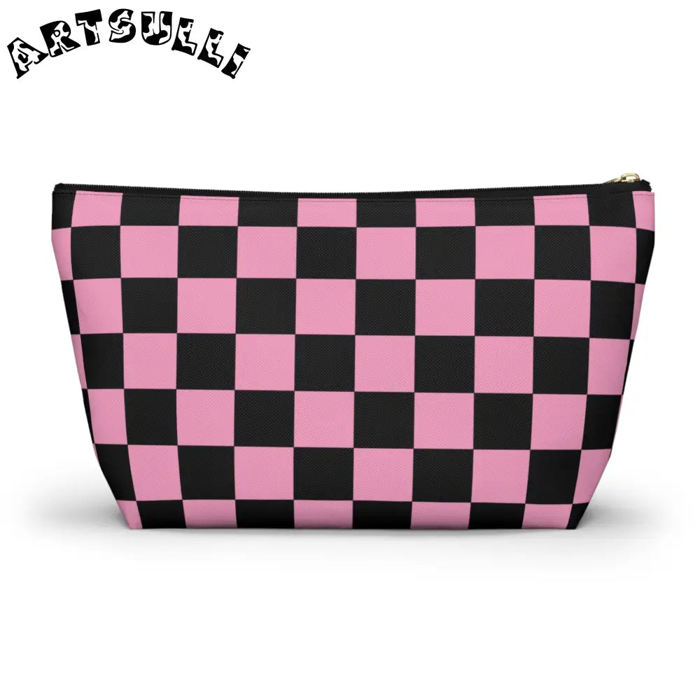 JAKKOUTTHEBXX Checkerboard Black and Pink Accessory Pouch w T-bottom