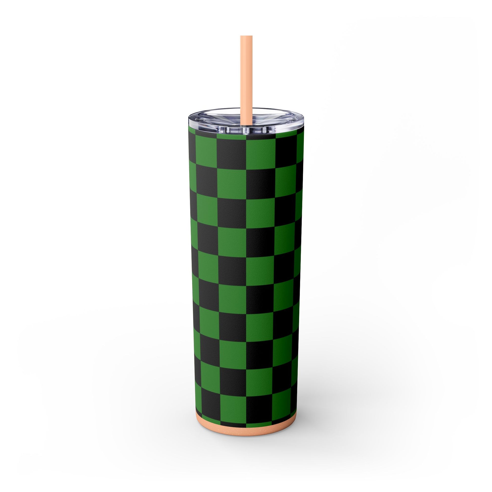 Checkerboard Green and Black Skinny Tumbler with Straw, 20oz, Artsulli - Art is Long, Life is Short, Mug, , , , , , , 