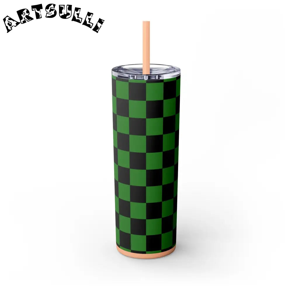 JAKKOUTTHEBXX Checkerboard Green and Black Skinny Tumbler with Straw