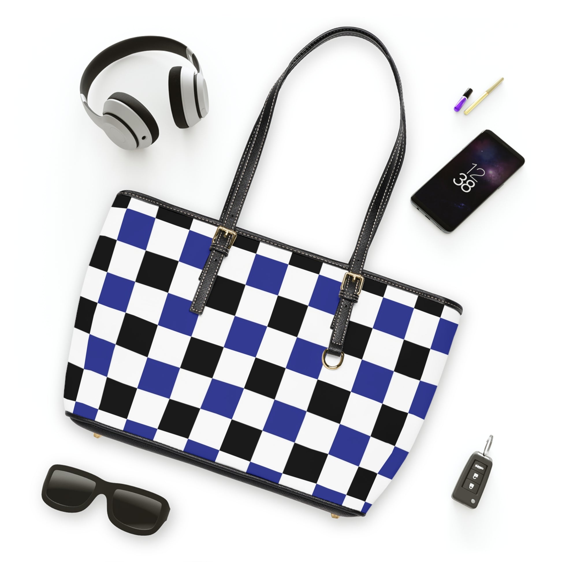 Checkerboard Blue White and Black PU Leather Shoulder Bag, Artsulli - Art is Long, Life is Short, Bags, , , , , , , 
