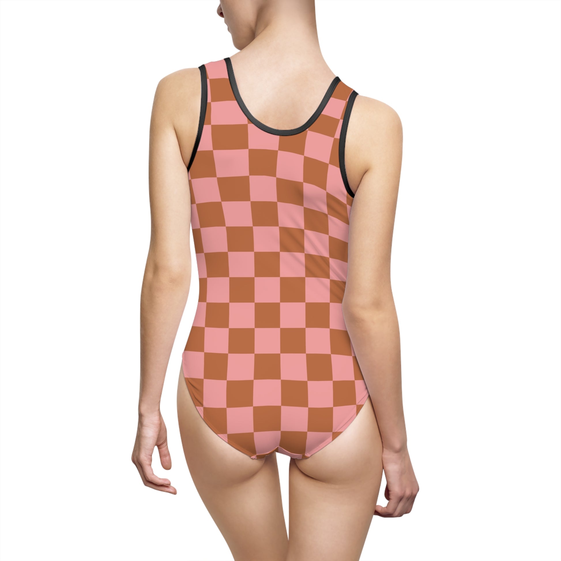 Chessboard Pink and Brown Women's Classic One-Piece Swimsuit (AOP), Artsulli - Art is Long, Life is Short, All Over Prints, , , , , , , 
