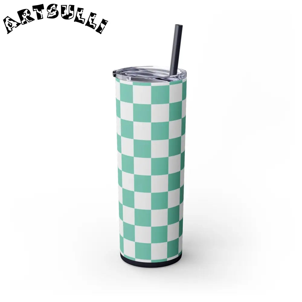 JAKKOUTTHEBXX Checkerboard Light Green Skinny Tumbler with Straw