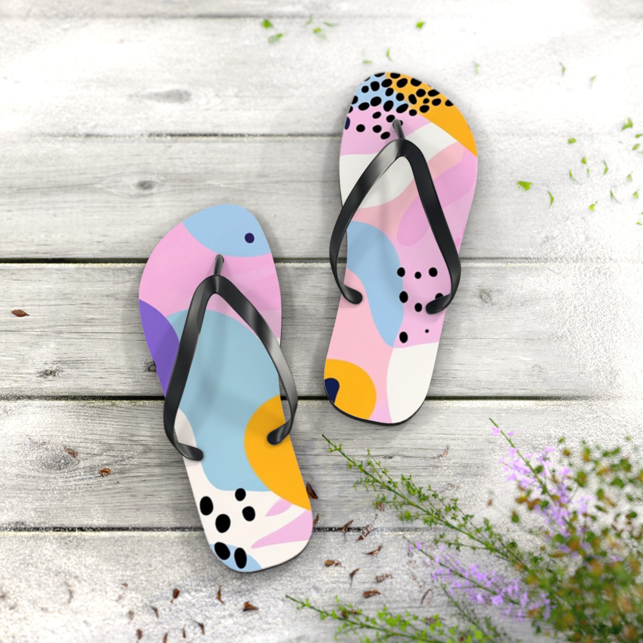 Colorful Abstract Dots and Shapes Flip Flops, Artsulli - Art is Long, Life is Short, Shoes, , , , , , , 