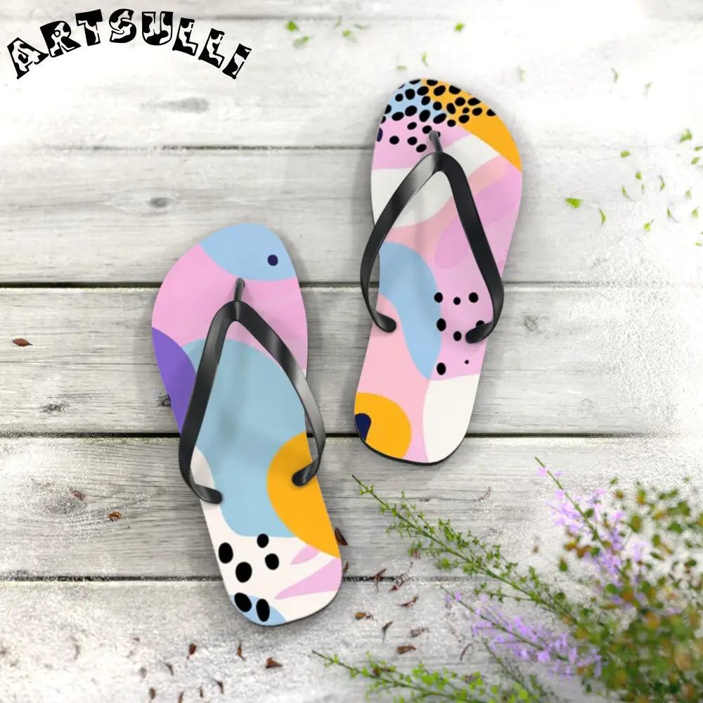 JAKKOUTTHEBXX Colorful Abstract Dots and Shapes Flip Flops