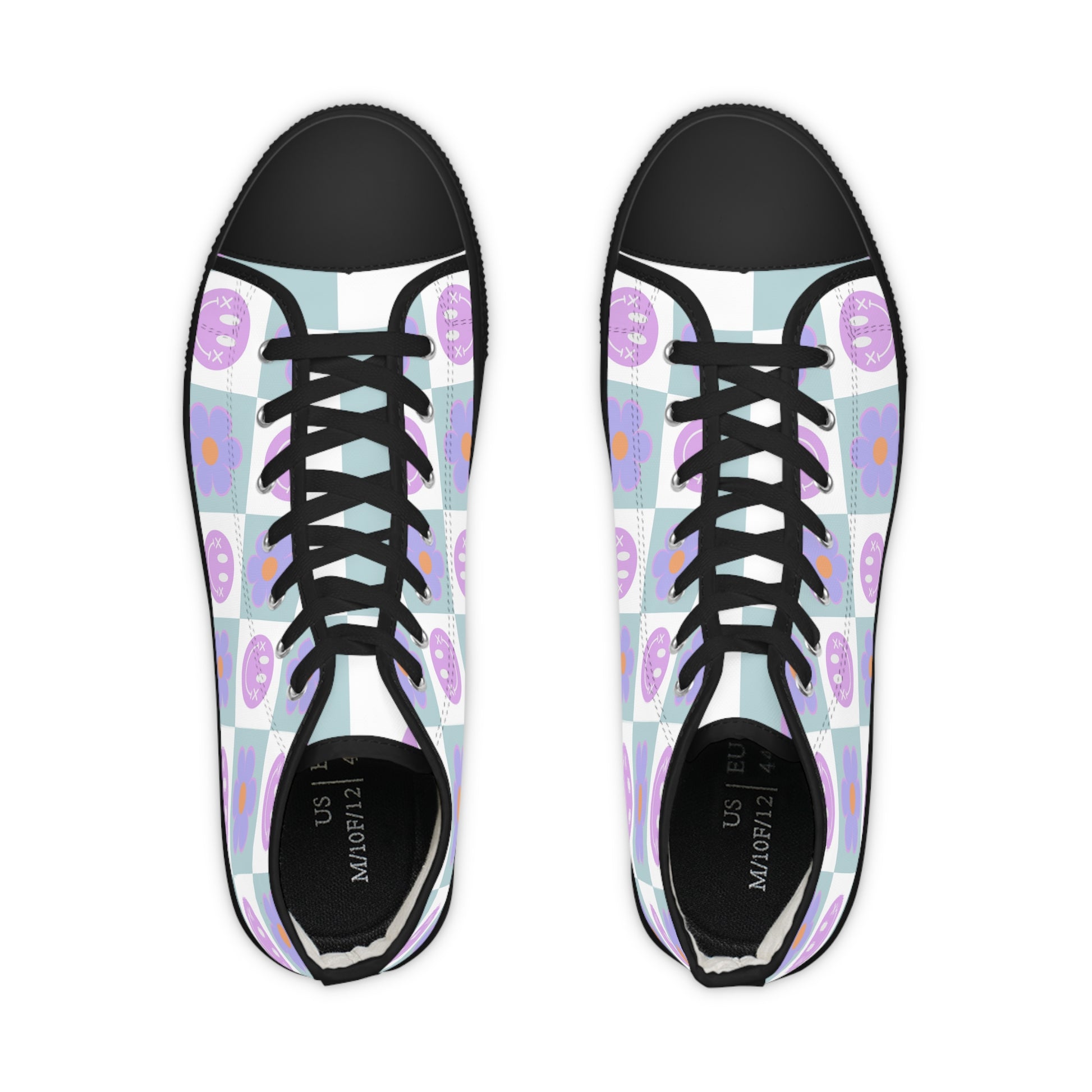 Flower x Smiley Face x Checkerboard Purple Men's High Top Sneakers, Artsulli - Art is Long, Life is Short, Shoes, , , , , , , 