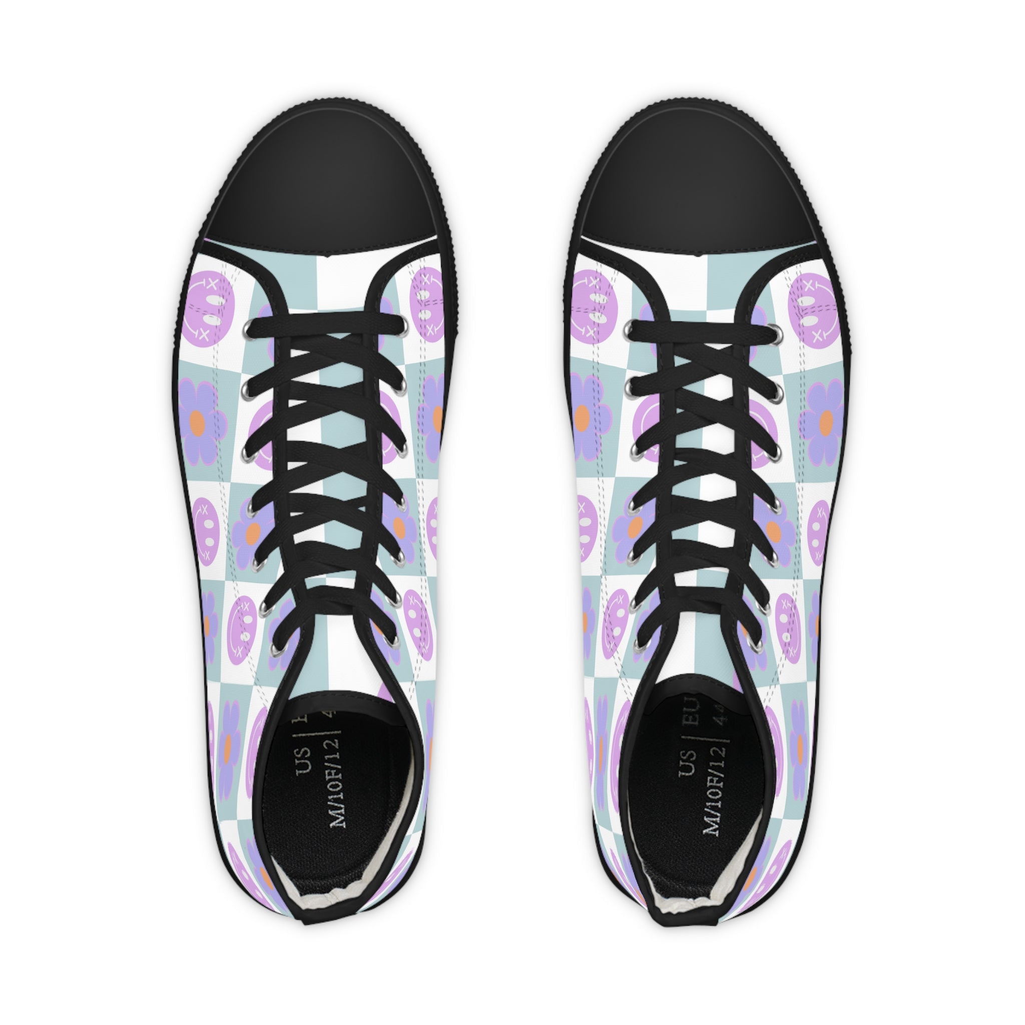 Flower x Smiley Face x Checkerboard Purple Men's High Top Sneakers, Artsulli - Art is Long, Life is Short, Shoes, , , , , , , 