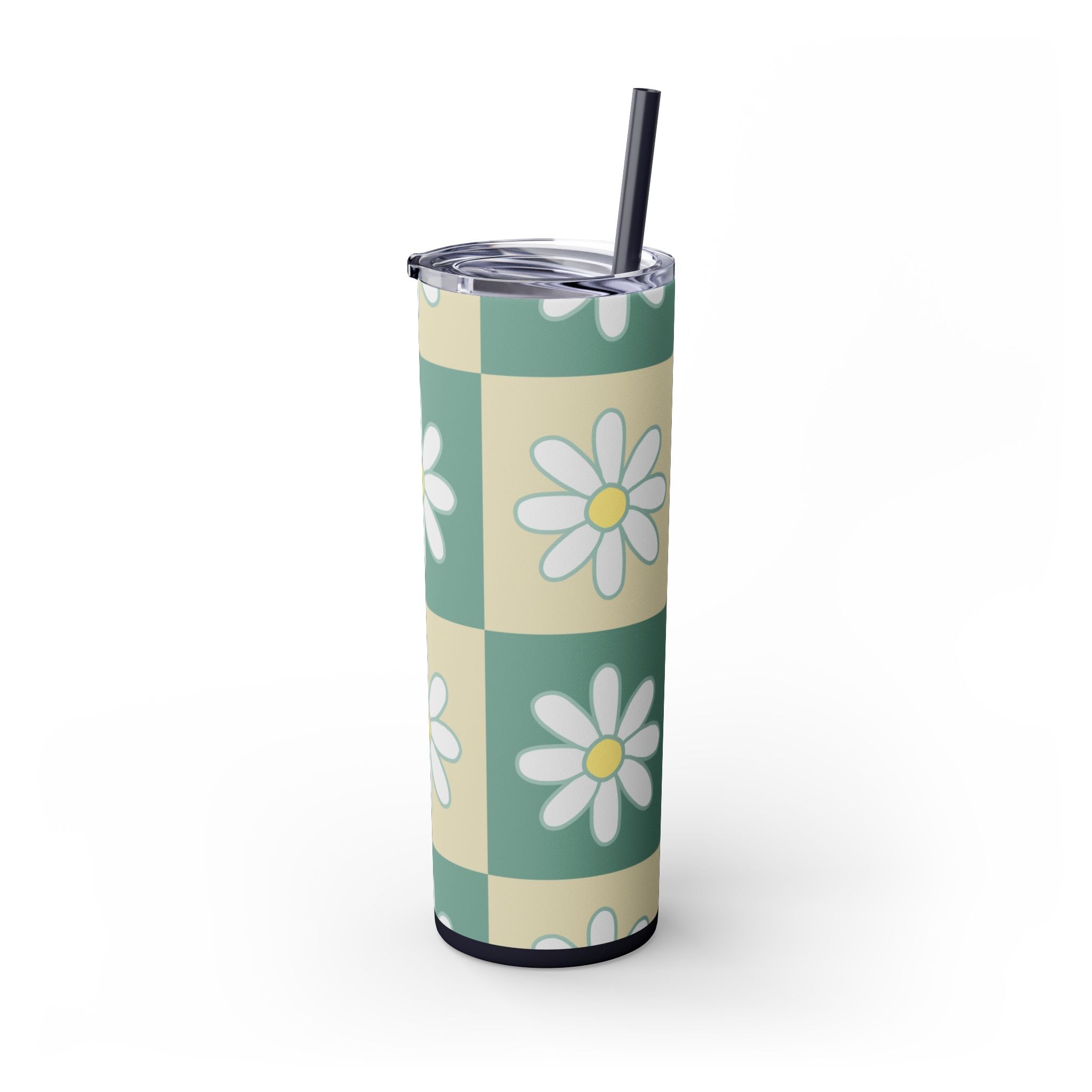 Retro Daisy Checkerboard Green and Tan Skinny Tumbler with Straw, 20oz, Artsulli - Art is Long, Life is Short, Mug, , , , , , , 