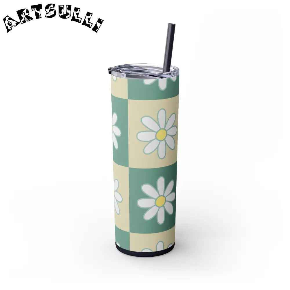 JAKKOUTTHEBXX Retro Daisy Checkerboard Green and Tan Skinny Tumbler