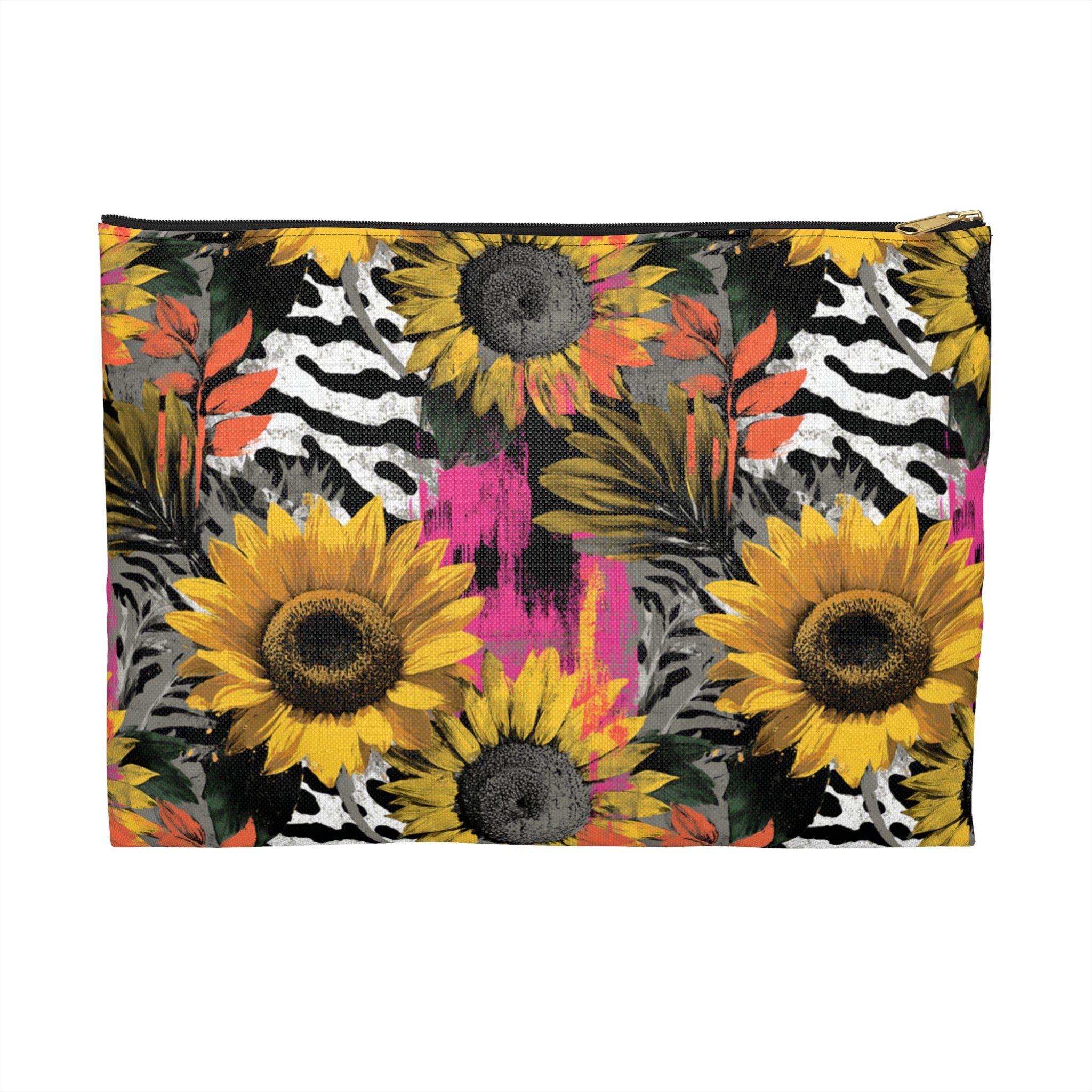 Zebra Stripes x Sunflowers Multi-Color Accessory Pouch, Artsulli - Art is Long, Life is Short, Bags, Size, Large, Color, Black zipper, , , 27187721471227818147