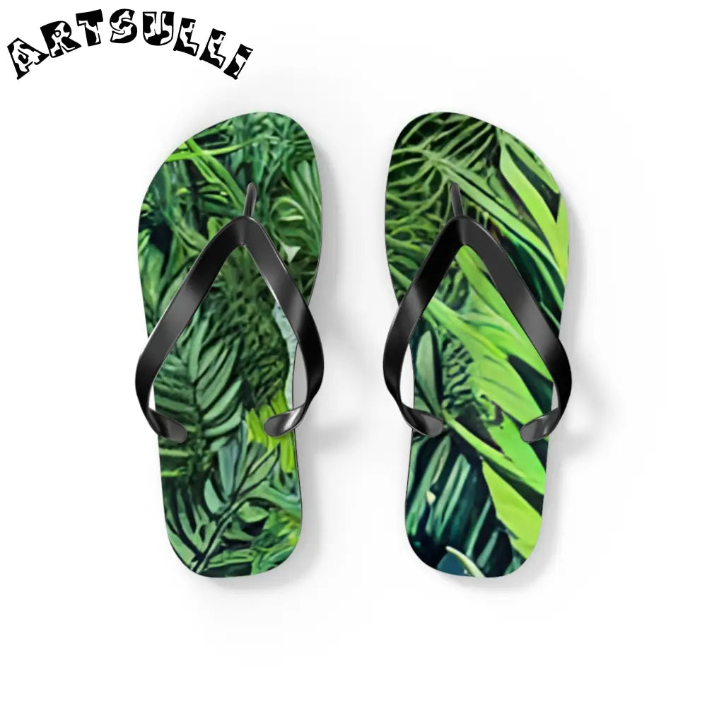 JAKKOUTTHEBXX Black Strapped Flip Flops with Green Leaf Pattern