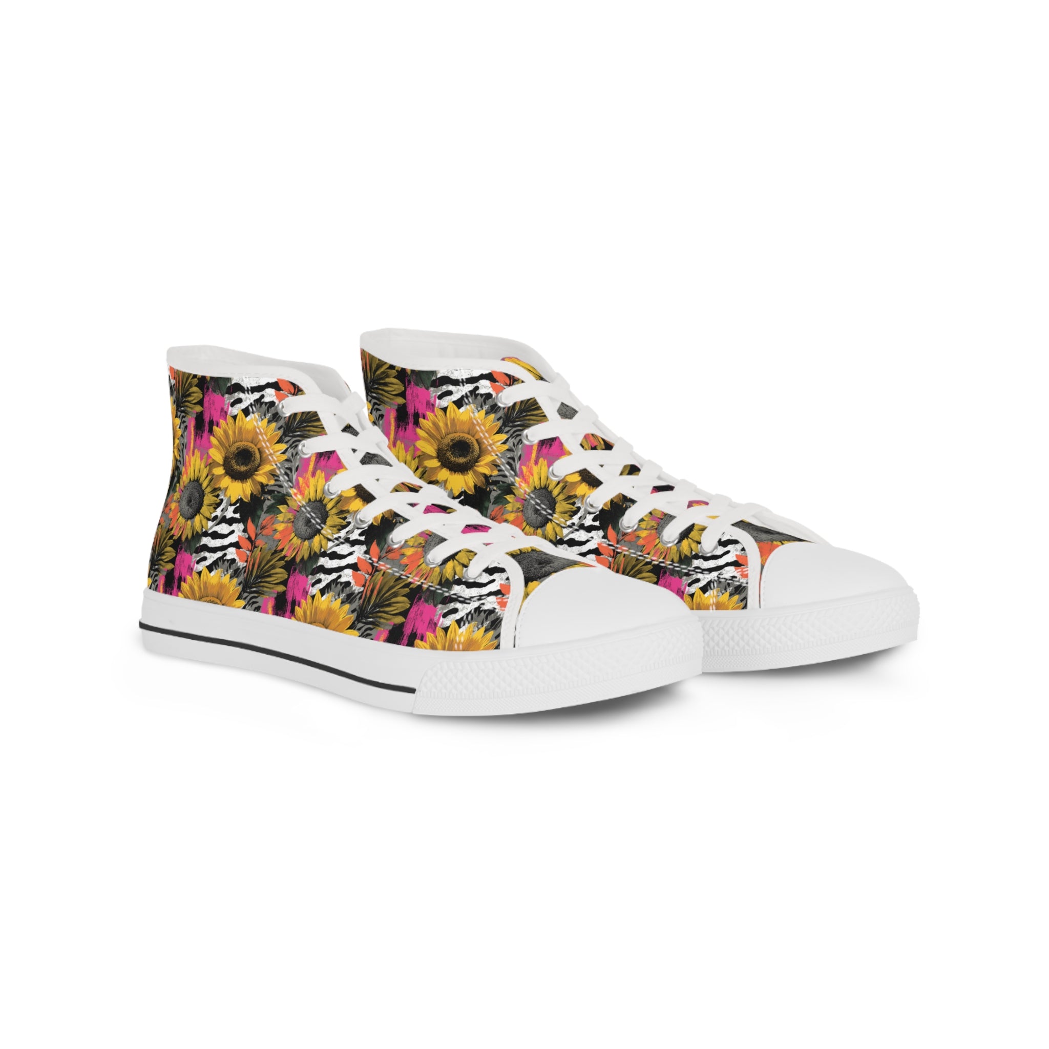 Zebra Stripes x Sunflowers II Multi-Color Men's High Top Sneakers, Artsulli - Art is Long, Life is Short, Shoes, Size, US 5, Color, White sole, , , 22535645914834607048