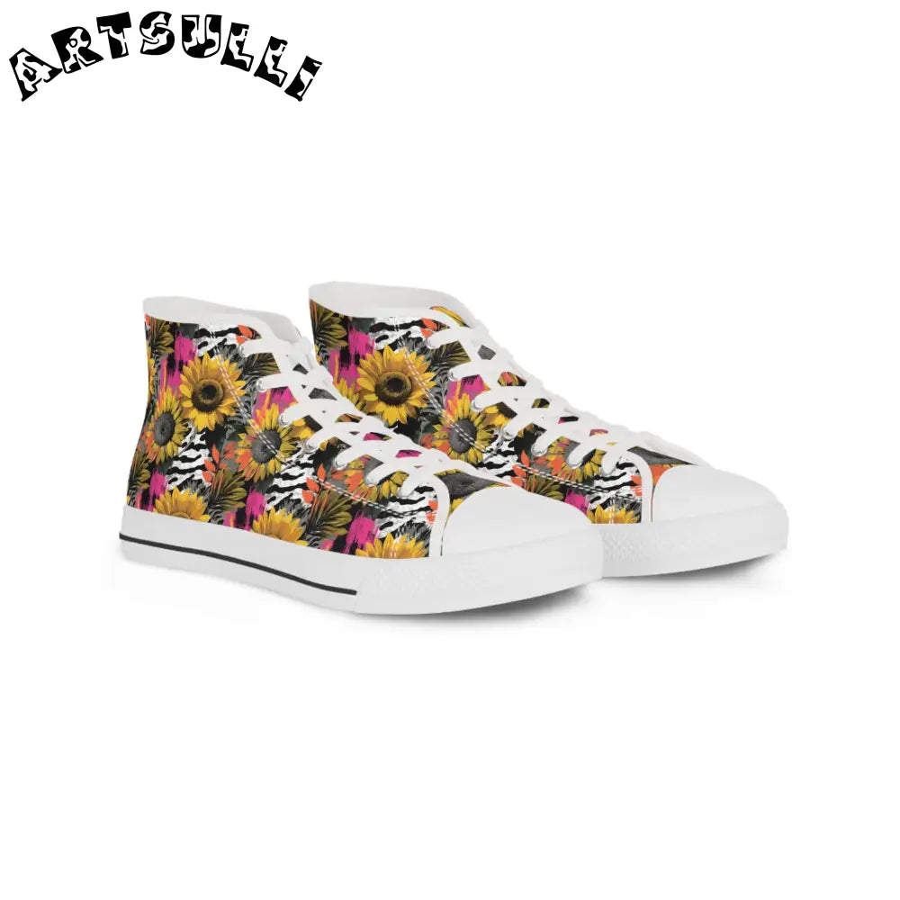 Zebra Stripes x Sunflowers II Multi-Color Men's High Top Sneakers, Artsulli - Art is Long, Life is Short, Shoes, Size, US 5, Color, White sole, , , 22535645914834607048