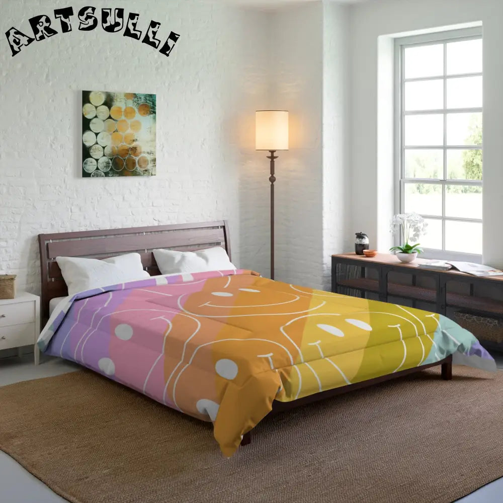 JAKKOUTTHEBXX Smiley Face x Rainbow Stripes Multi-Color Comforter