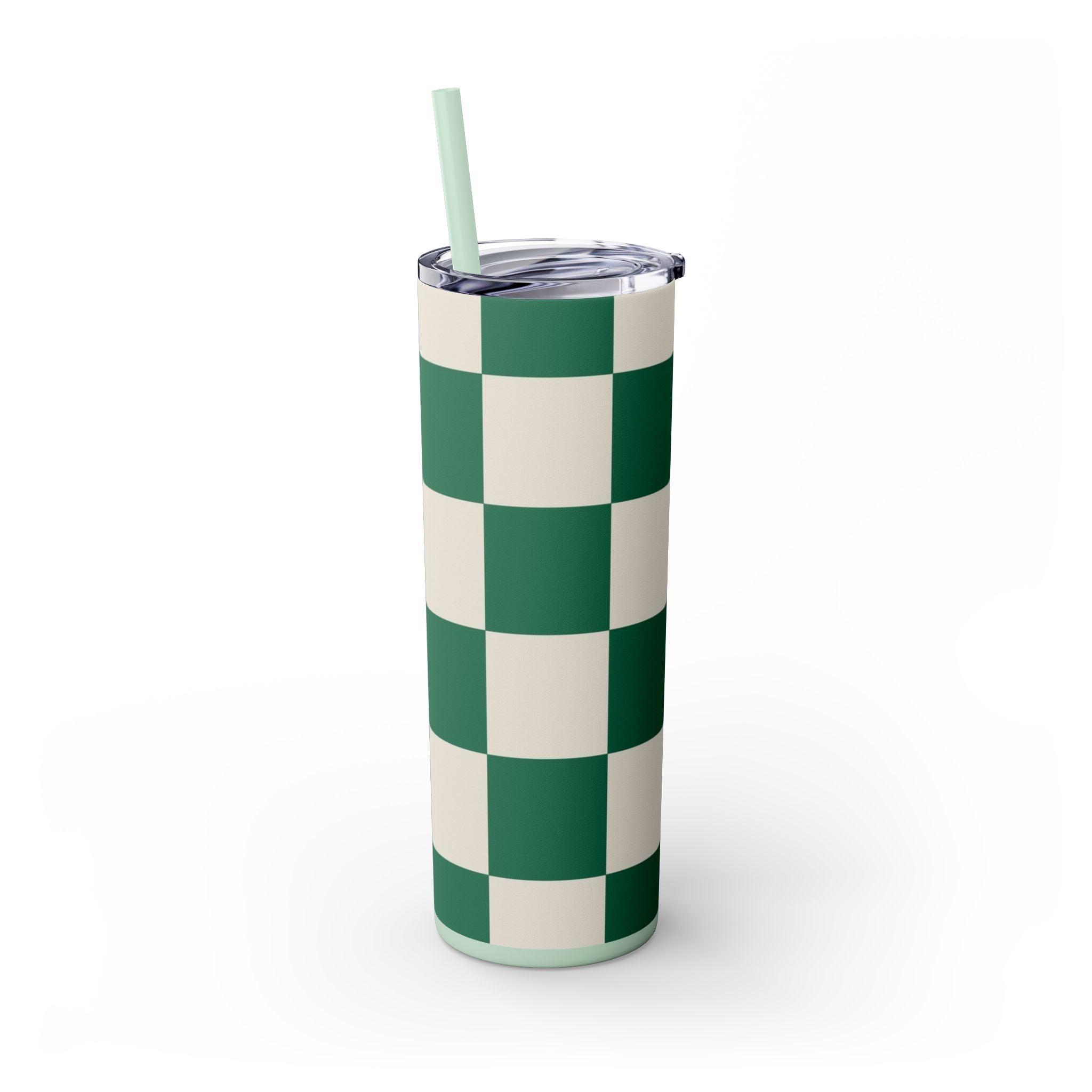 Checkerboard Dark Green Skinny Tumbler with Straw, 20oz, Artsulli - Art is Long, Life is Short, Mug, , , , , , , 