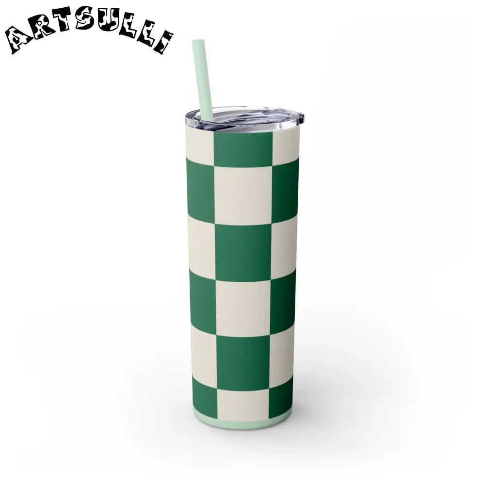 JAKKOUTTHEBXX Checkerboard Dark Green Skinny Tumbler with Straw 20oz