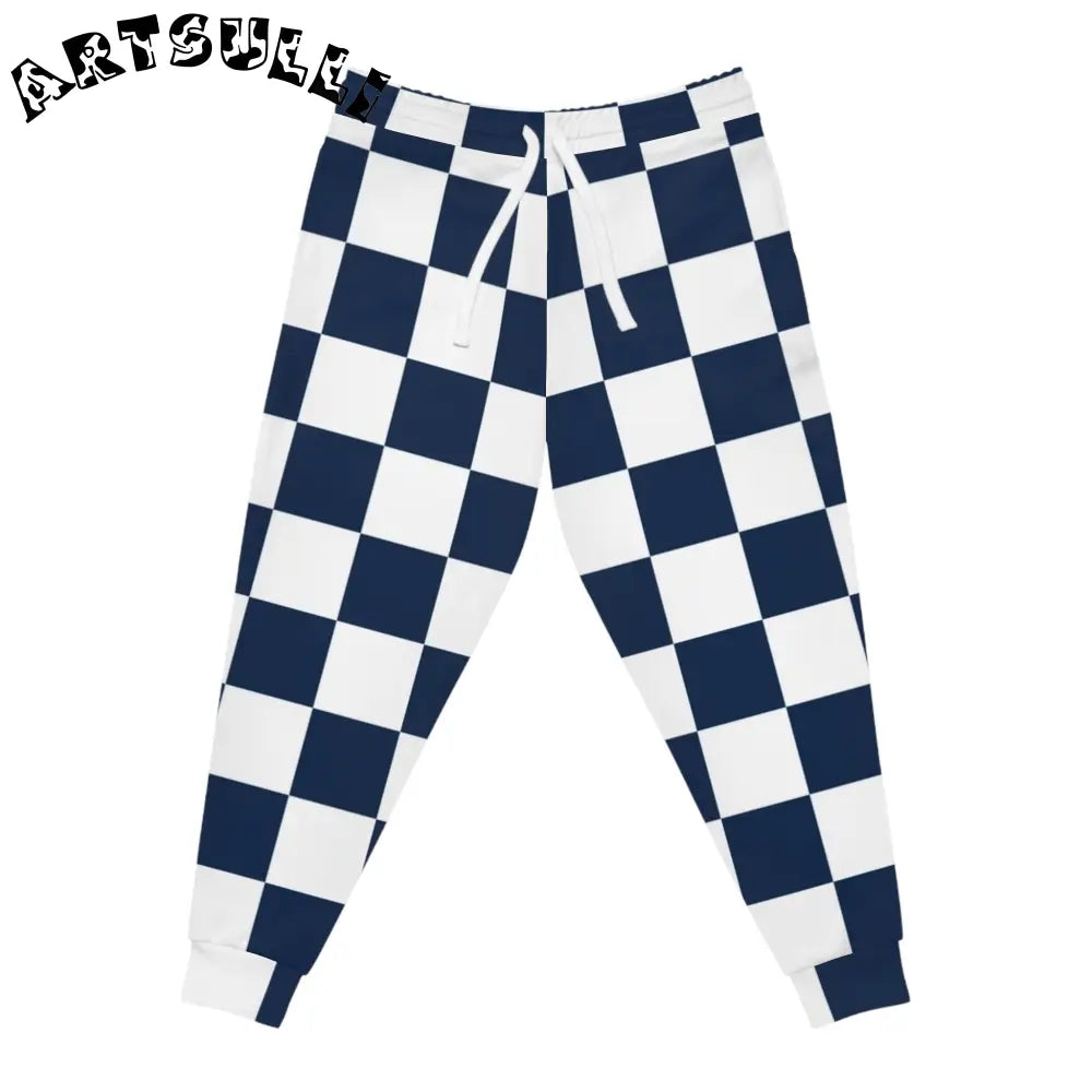 JAKKOUTTHEBXX Checkerboard White and Navy Blue Athletic Joggers