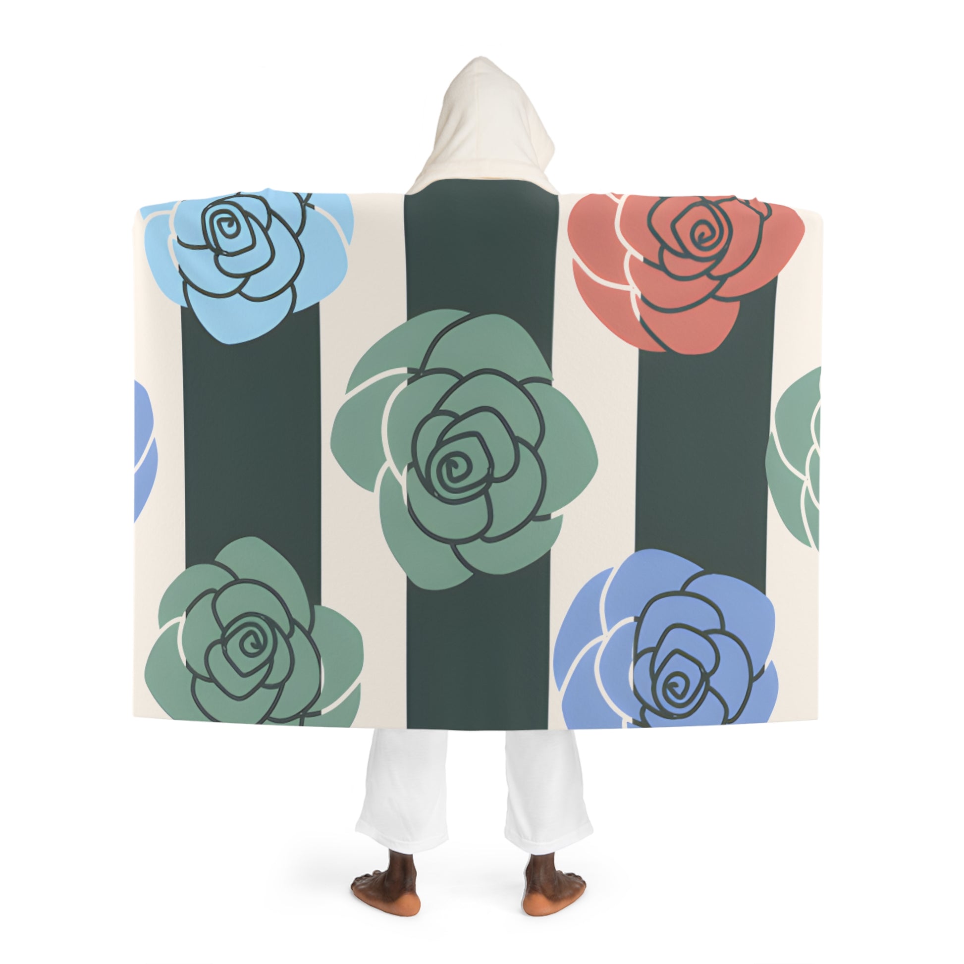 Stripes x Roses Black and White Hooded Sherpa Fleece Blanket, Artsulli - Art is Long, Life is Short, All Over Prints, , , , , , , 